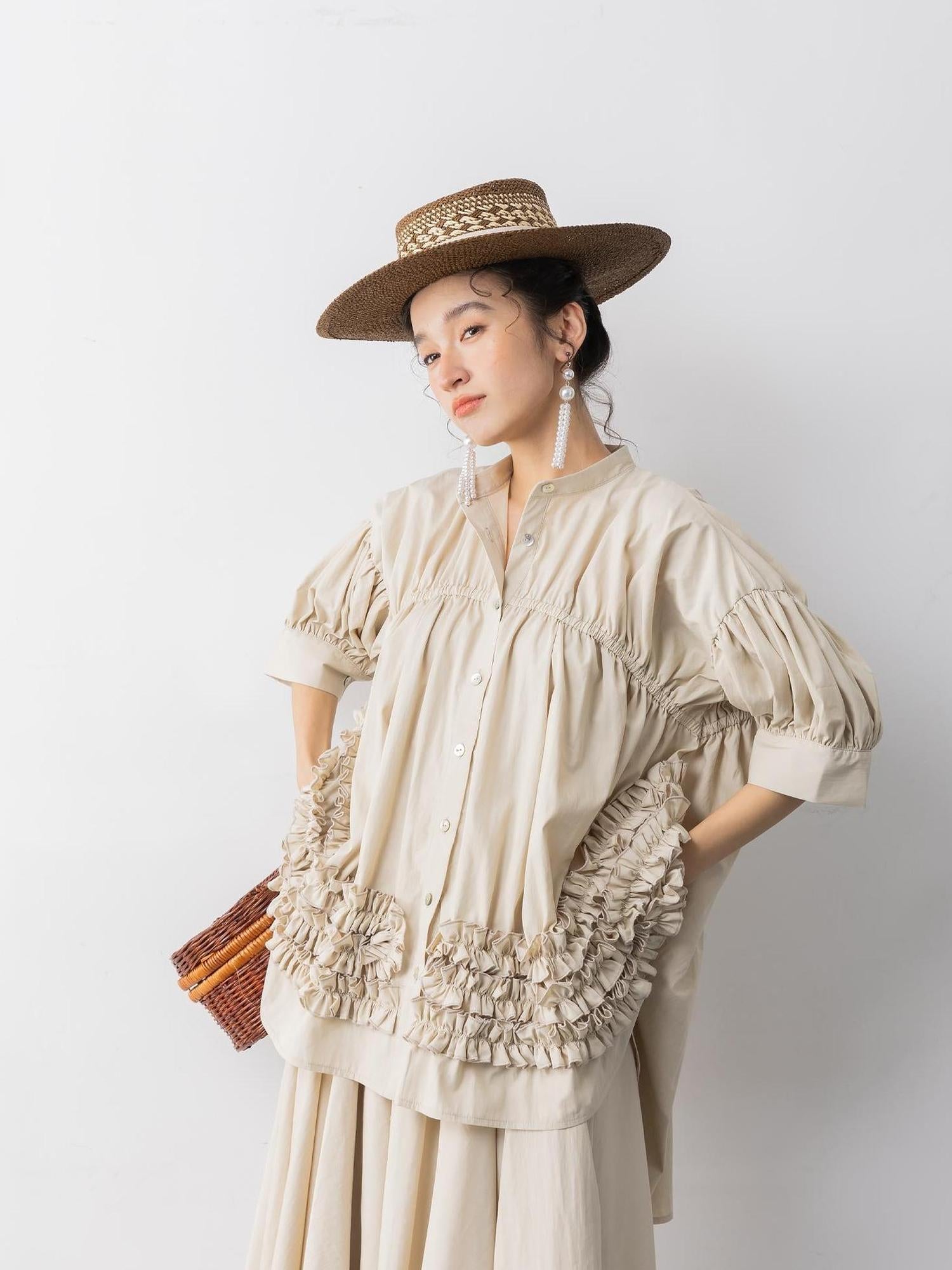 Sweet Mi White Tea Cotton Brocade Ruffle Suit
