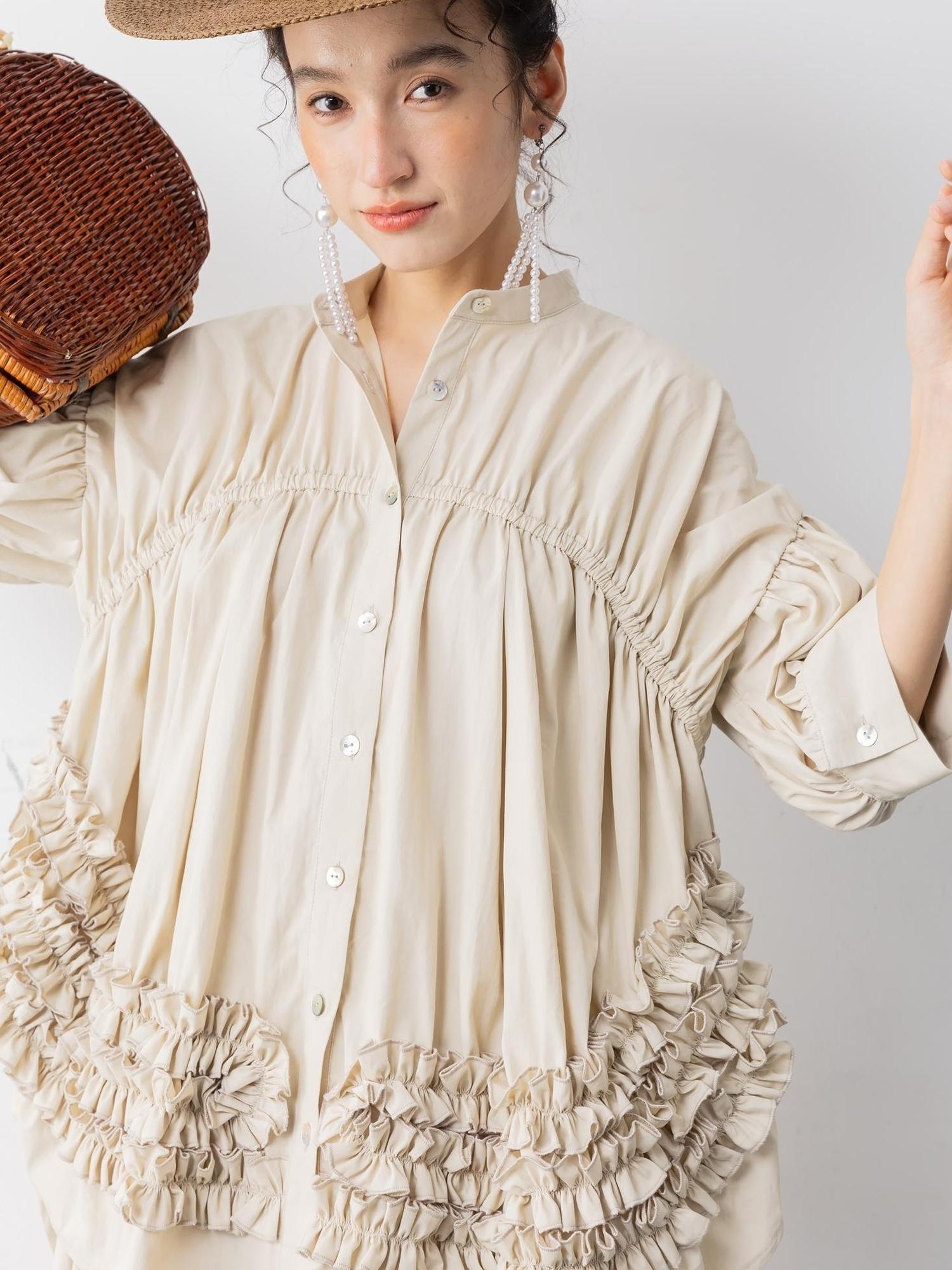 Sweet Mi White Tea Cotton Brocade Ruffle Suit