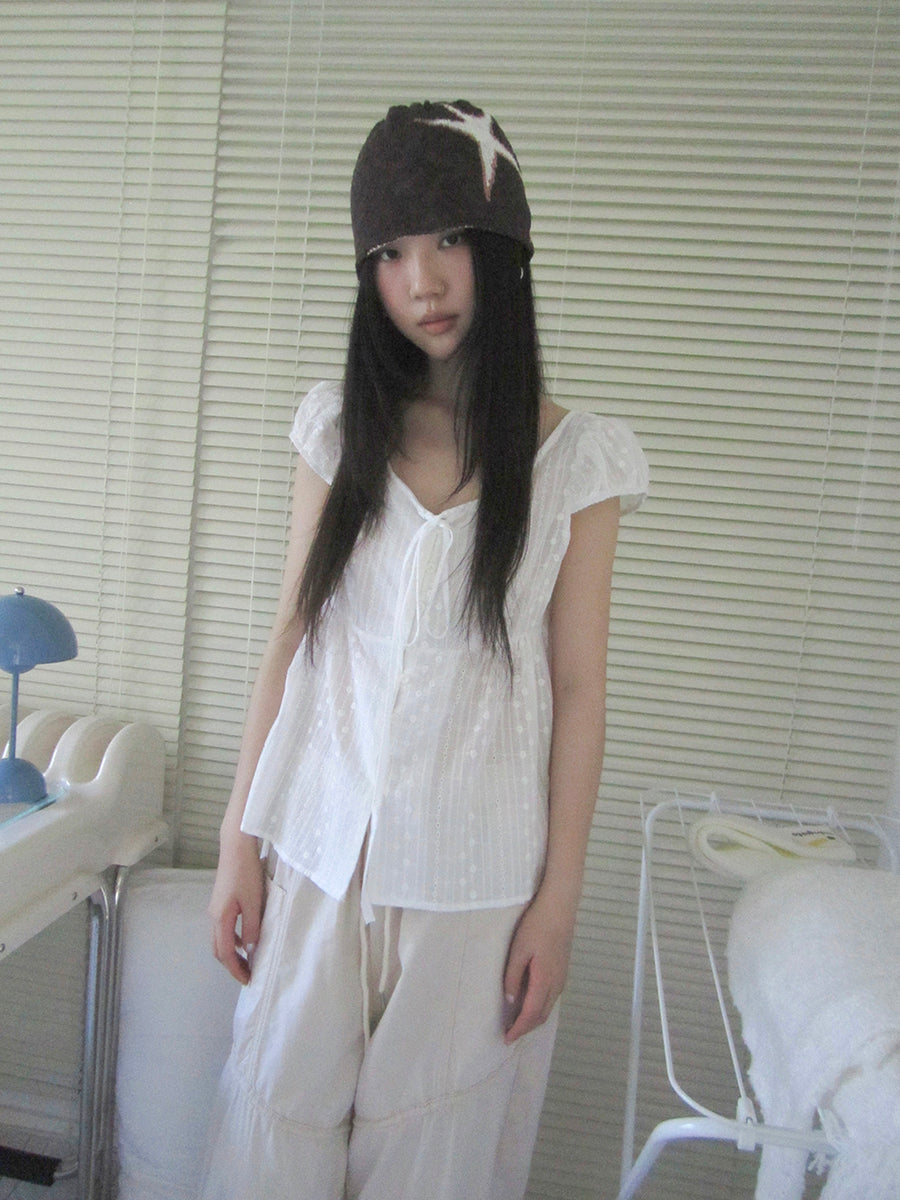 ang project Sheer Embroidered V-Neck Tie Front Bubble Sleeve Blouse