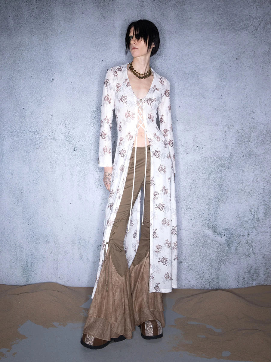 Elastic Mesh Sheer Long Kimono With Adjustable Tie