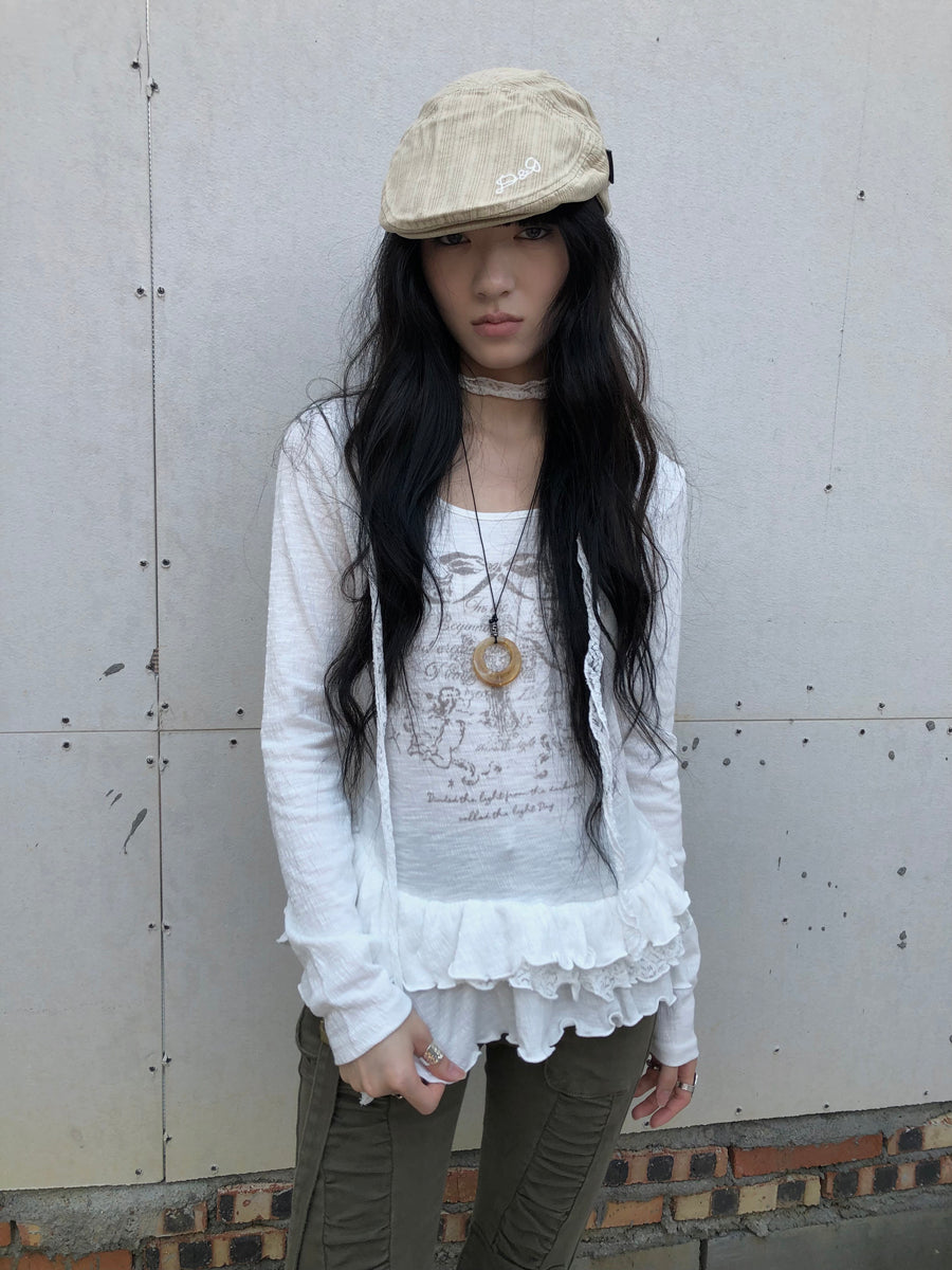 Updateang project Double Layer Floral Print Hem Ruffle Trim Long Sleeve Tee