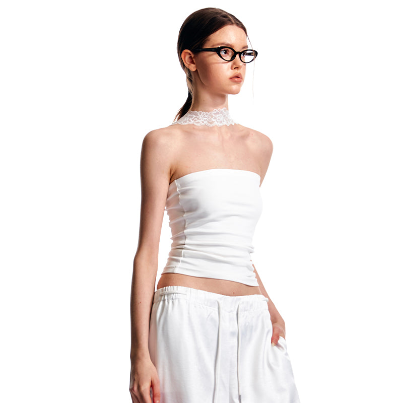ALINNV STUDIO Lace Halterneck Fitted Knit Top Stretch Fabric