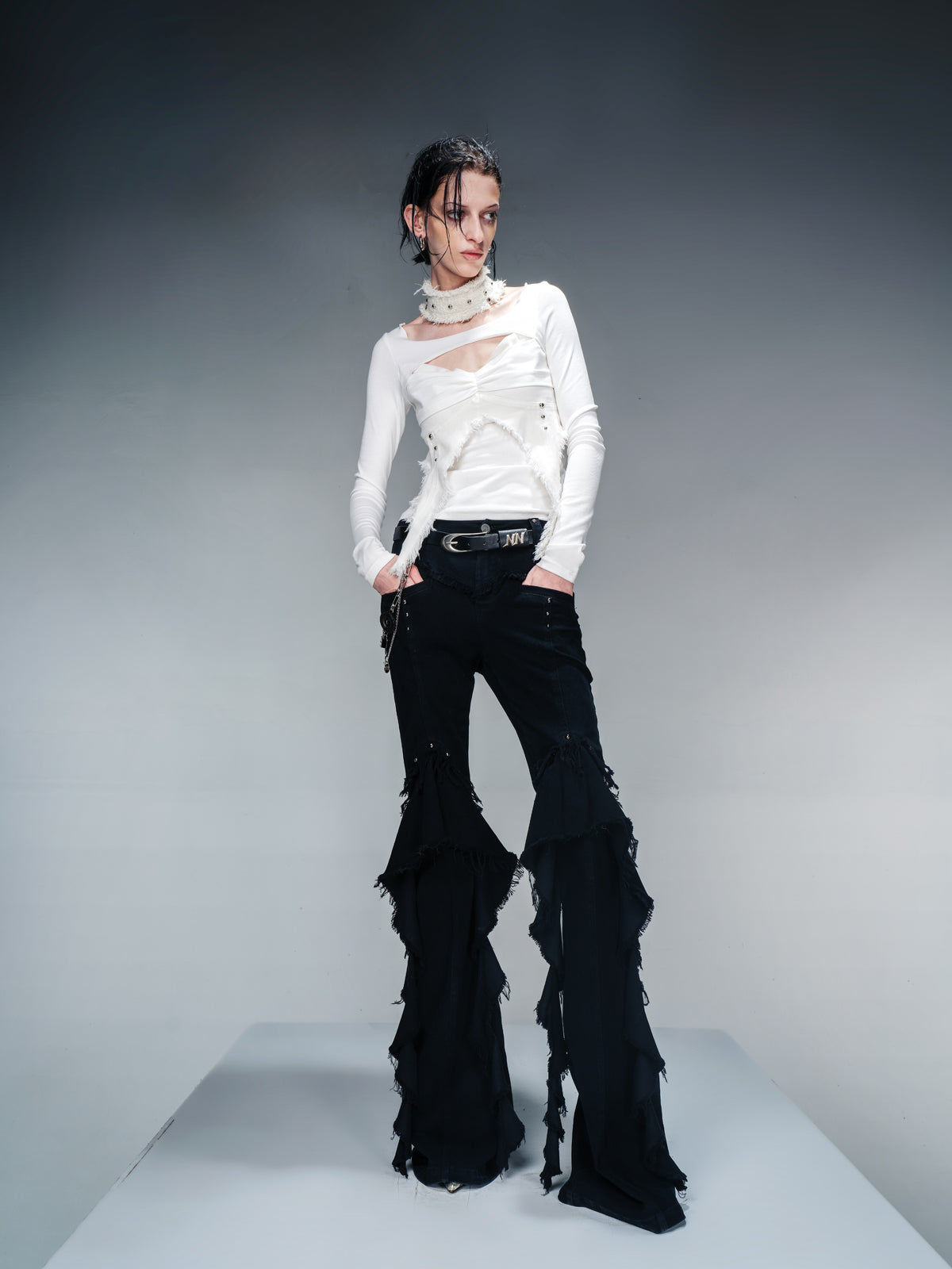 NN NORTH NODE Knit Denim Frayed Edge Layering Top