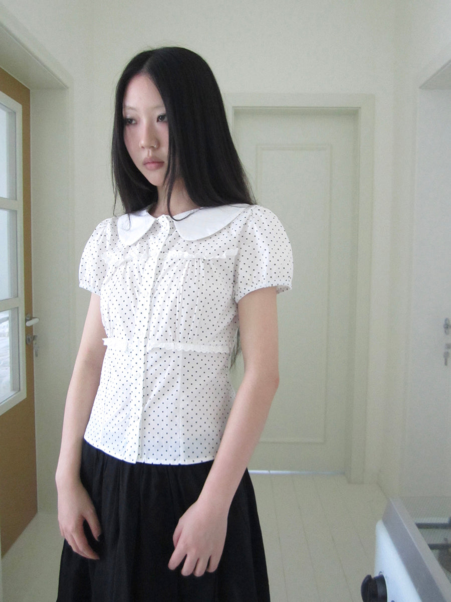 ang project Floral Lace Trim Dot Print Short Sleeve Blouse