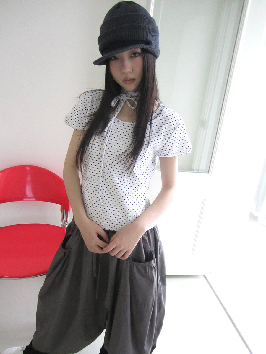 Updateang project Korean Inspired Dot Print Short Sleeve Tee With Scarf