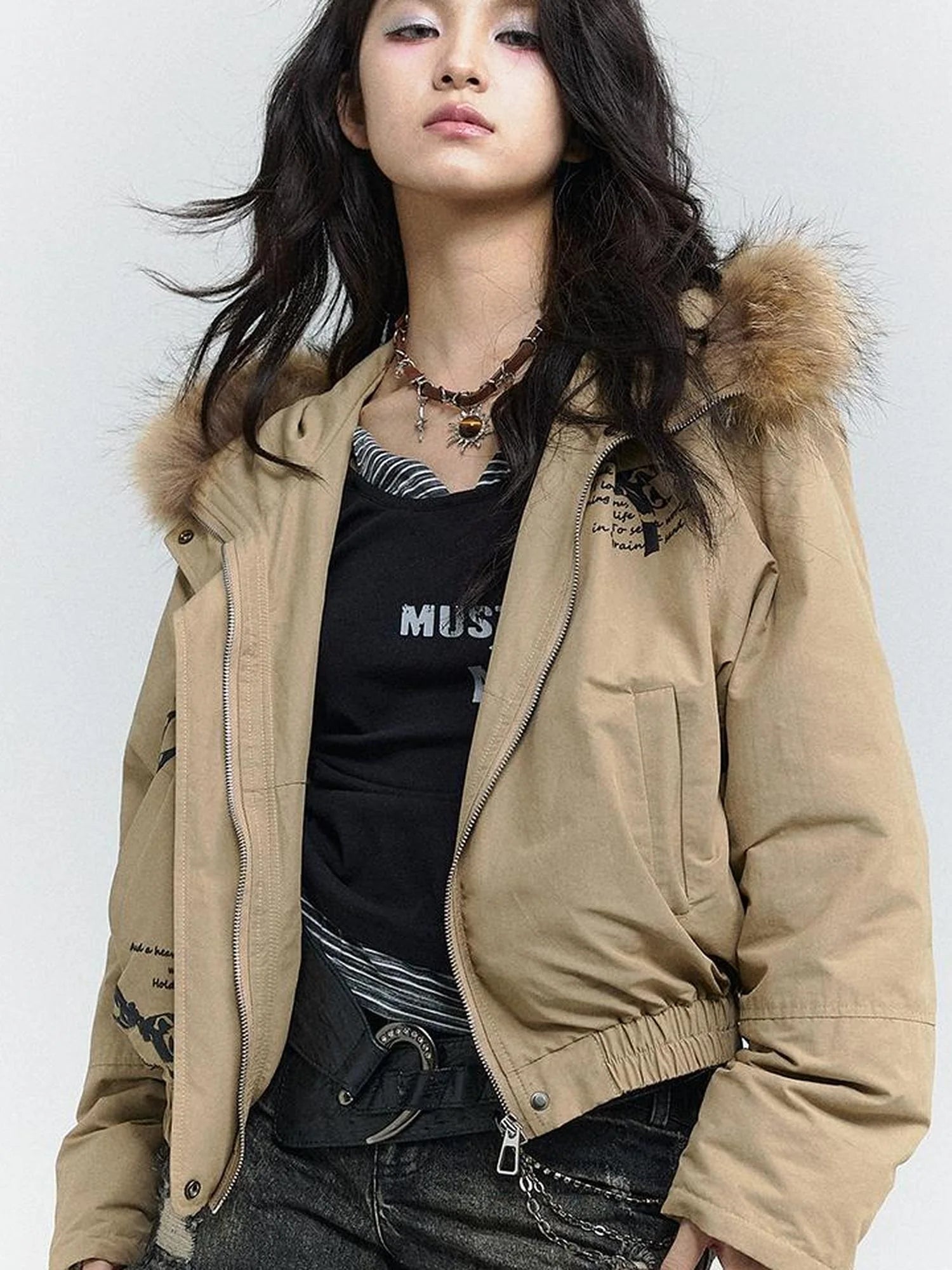 Wind Chaser Fur Lined Hooded Parka With Bow Print