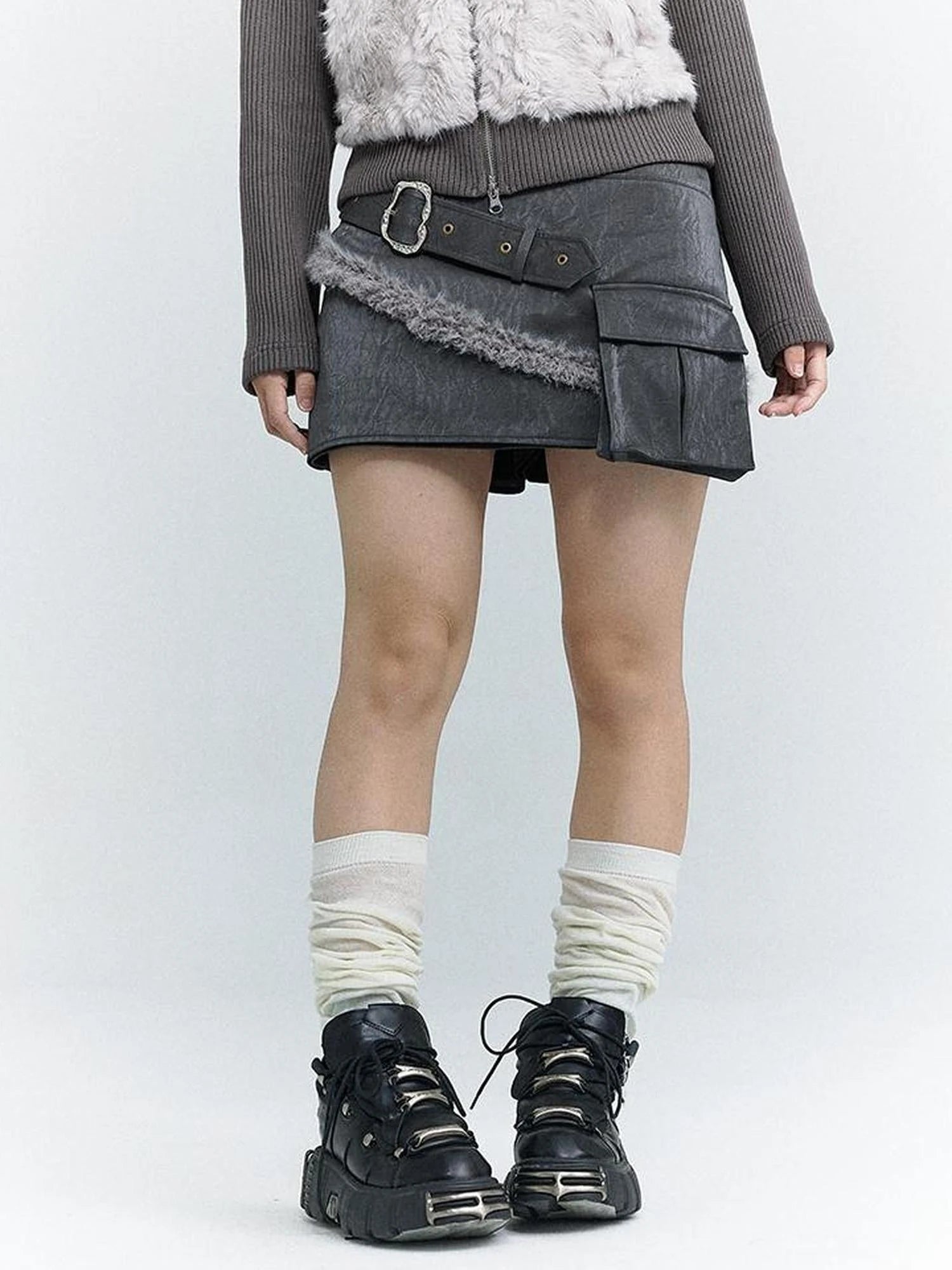 Wind Chaser Pu Leather Skirt With Diamond Trim Side Pockets