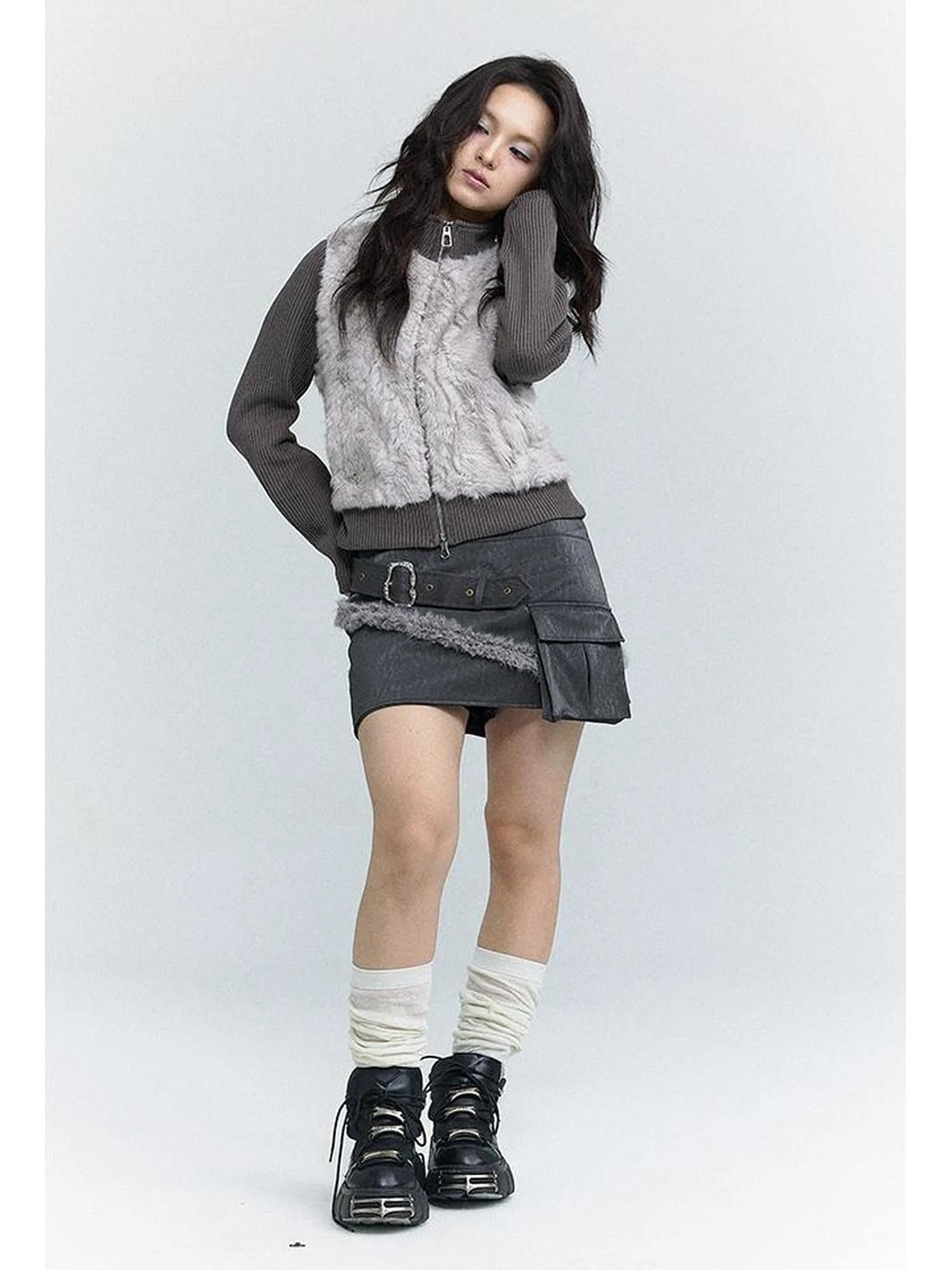 Wind Chaser Pu Leather Skirt With Diamond Trim Side Pockets