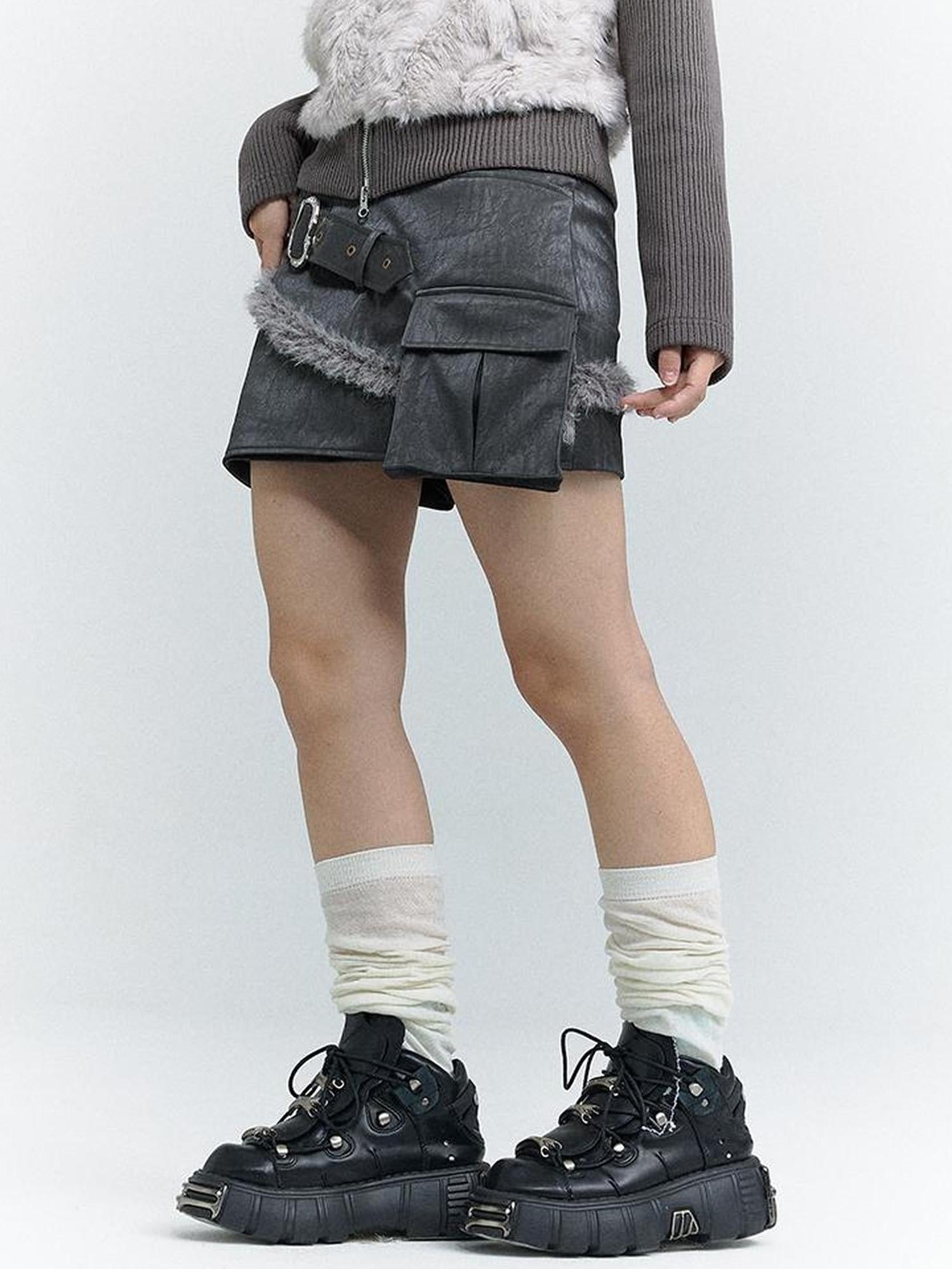 MOMSYCAN FOX LINE Wind Chaser Pu Leather Skirt With Diamond Trim Side Pockets
