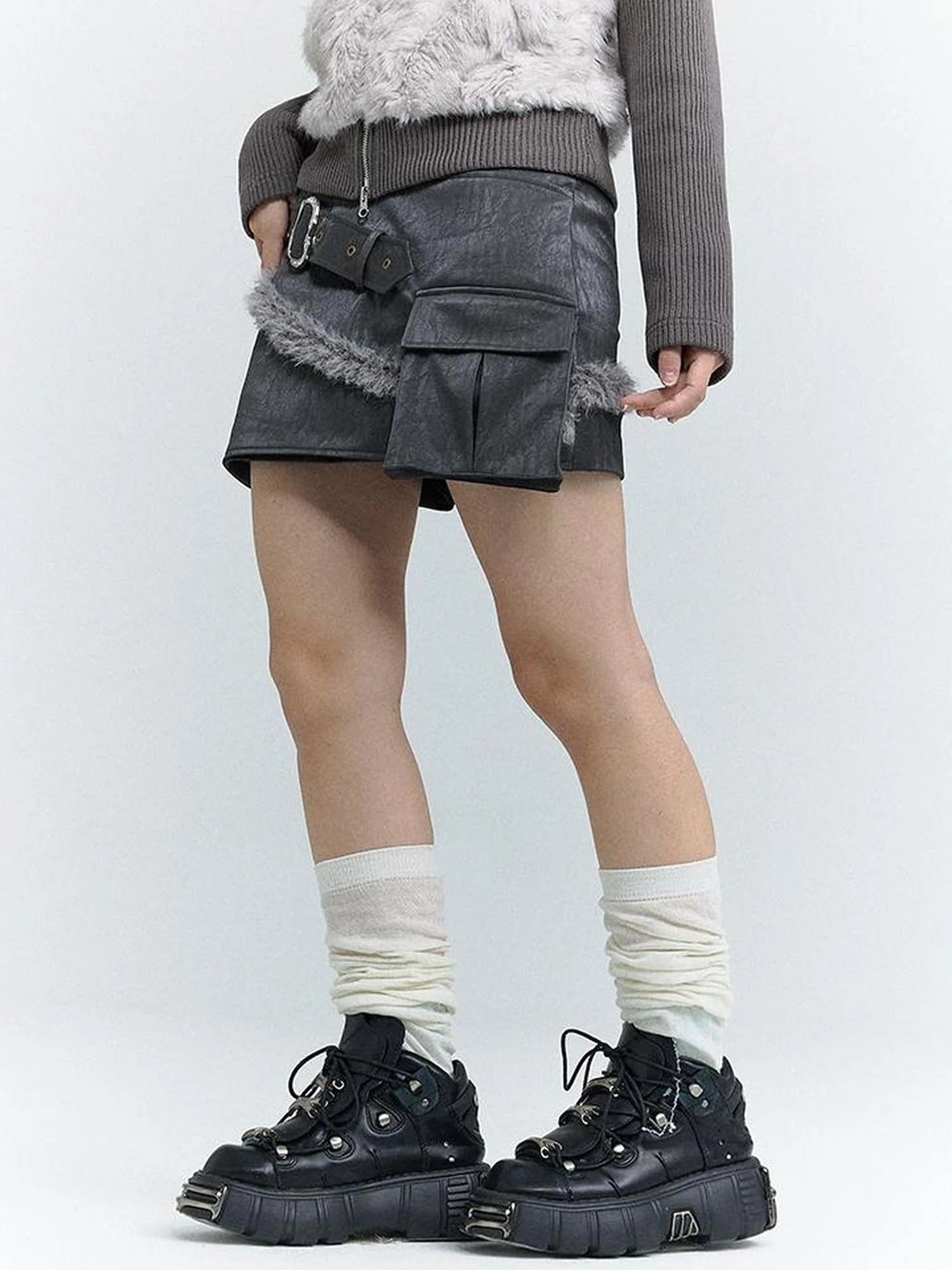 Wind Chaser Pu Leather Skirt With Diamond Trim Side Pockets