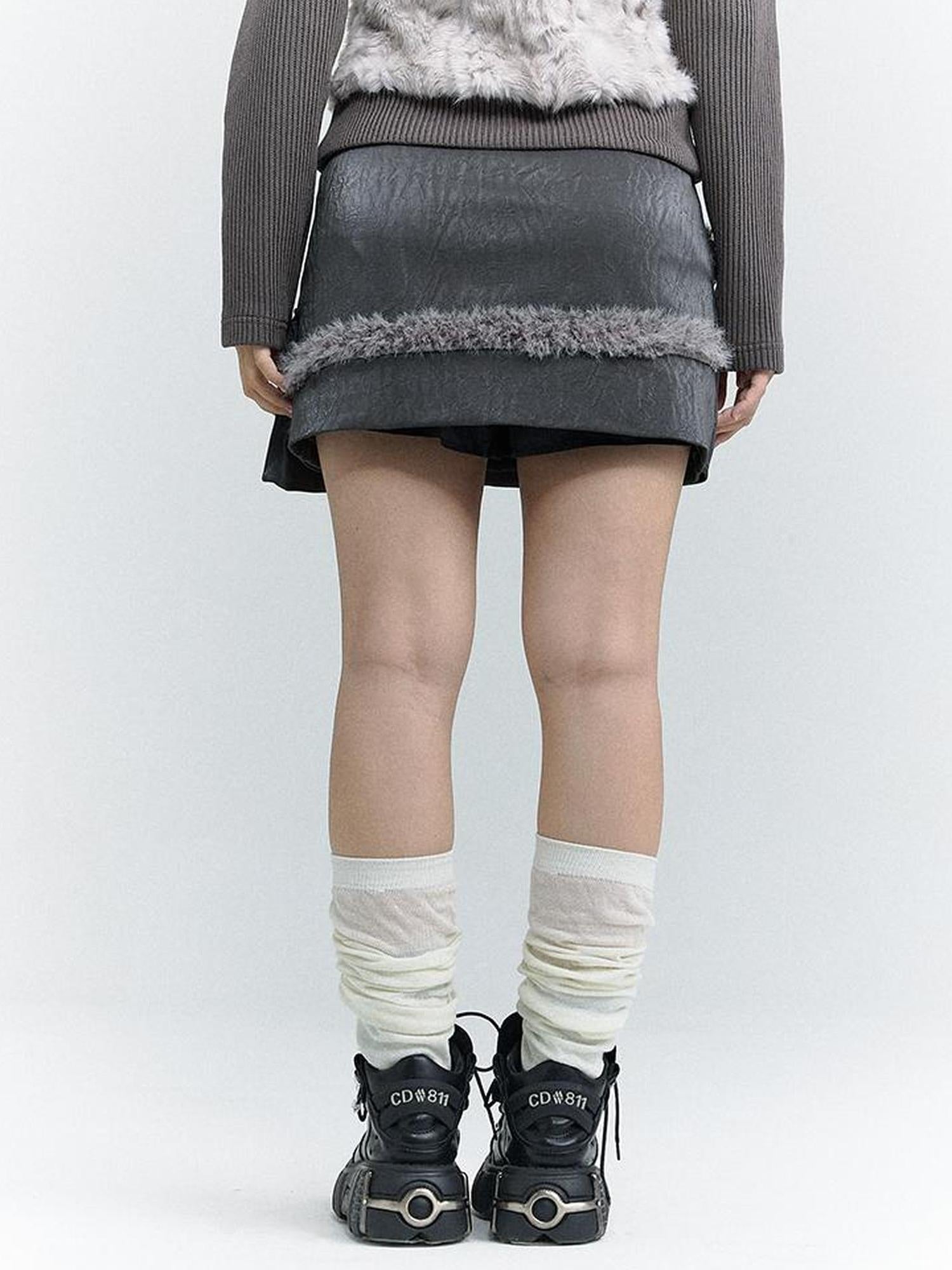 MOMSYCAN FOX LINE Wind Chaser Pu Leather Skirt With Diamond Trim Side Pockets