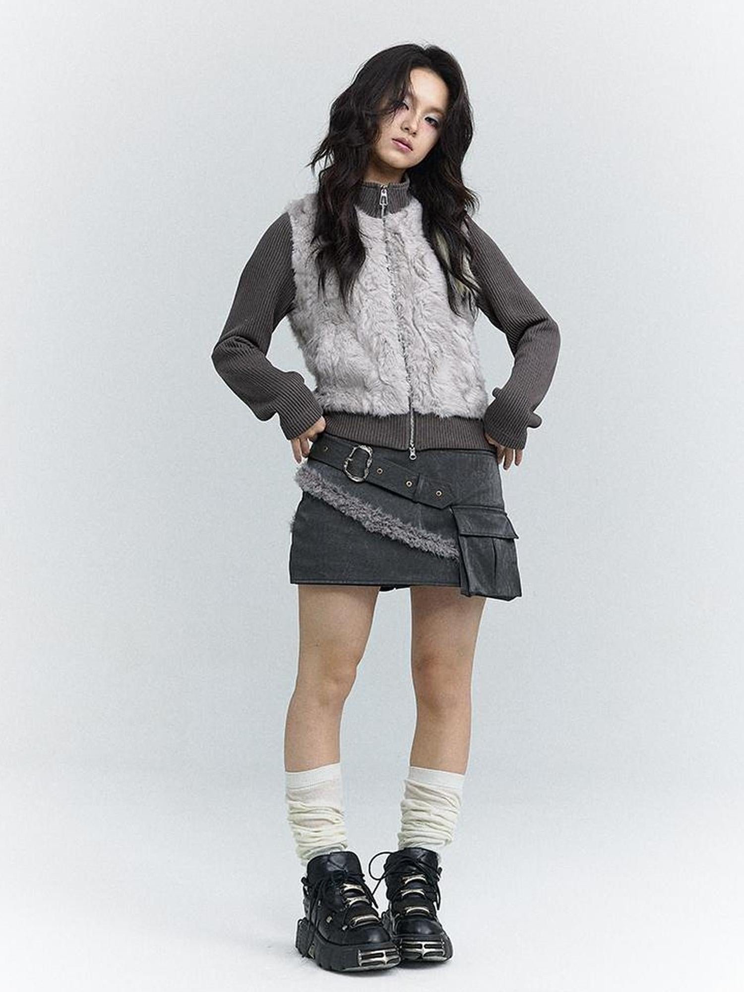 MOMSYCAN FOX LINE Wind Chaser Pu Leather Skirt With Diamond Trim Side Pockets