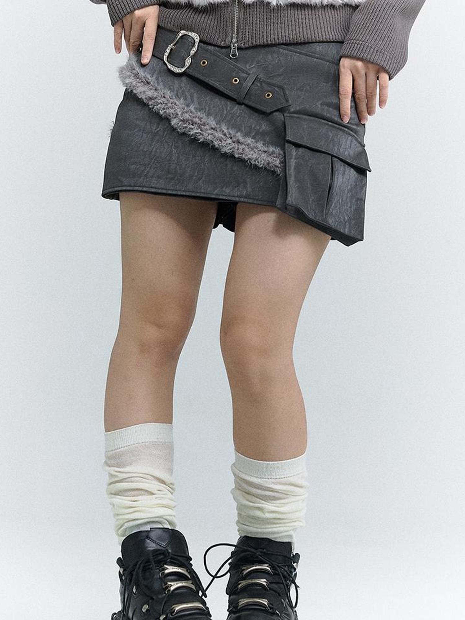 MOMSYCAN FOX LINE Wind Chaser Pu Leather Skirt With Diamond Trim Side Pockets