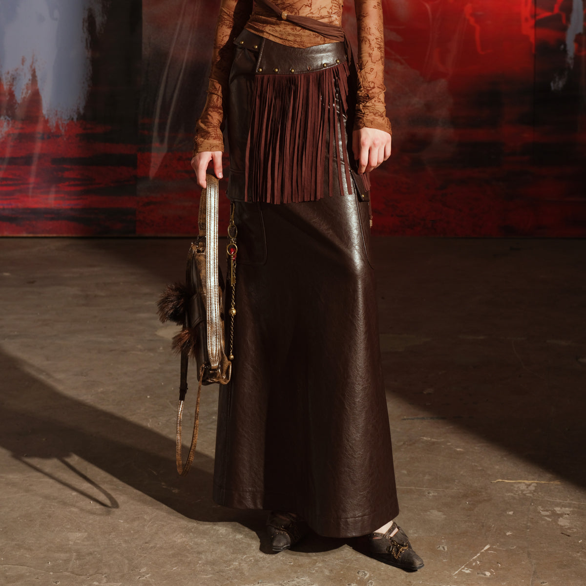 UpdateNN NORTH NODE Unshrouded Fringe Suede Maxi Skirt