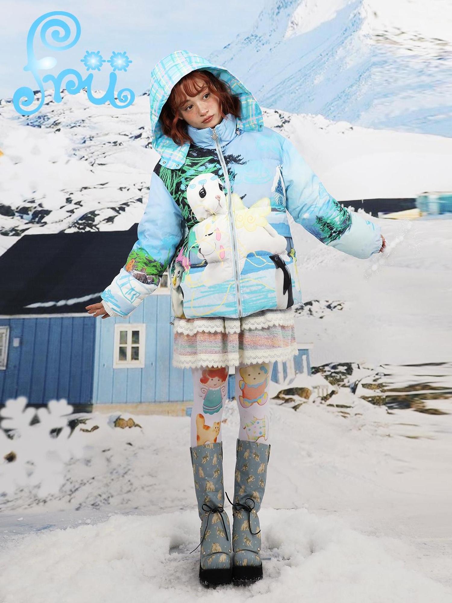 Frufru Gulu Winter Blue Snowman Print White Duck Down Jacket