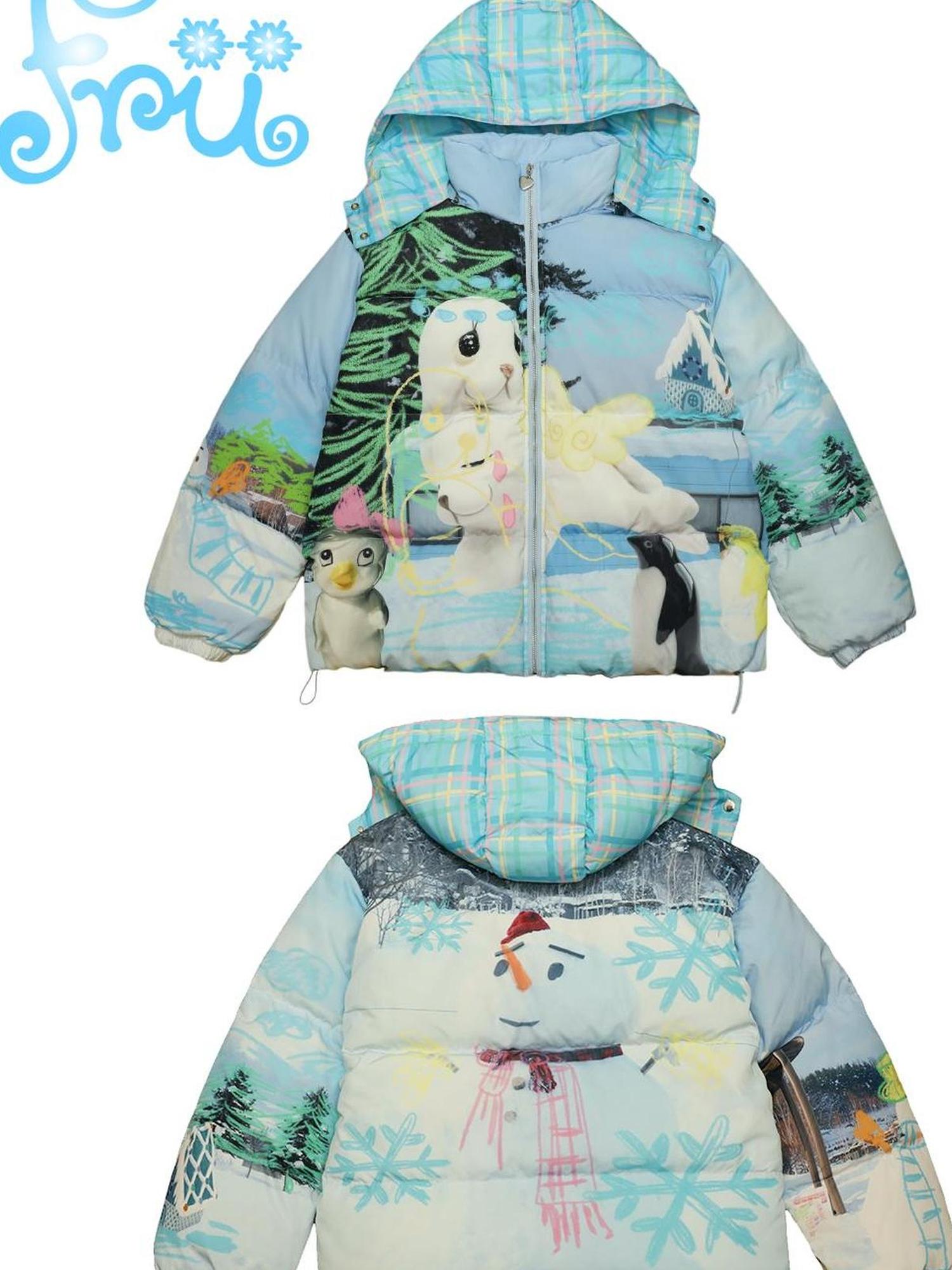 Frufru Gulu Winter Blue Snowman Print White Duck Down Jacket