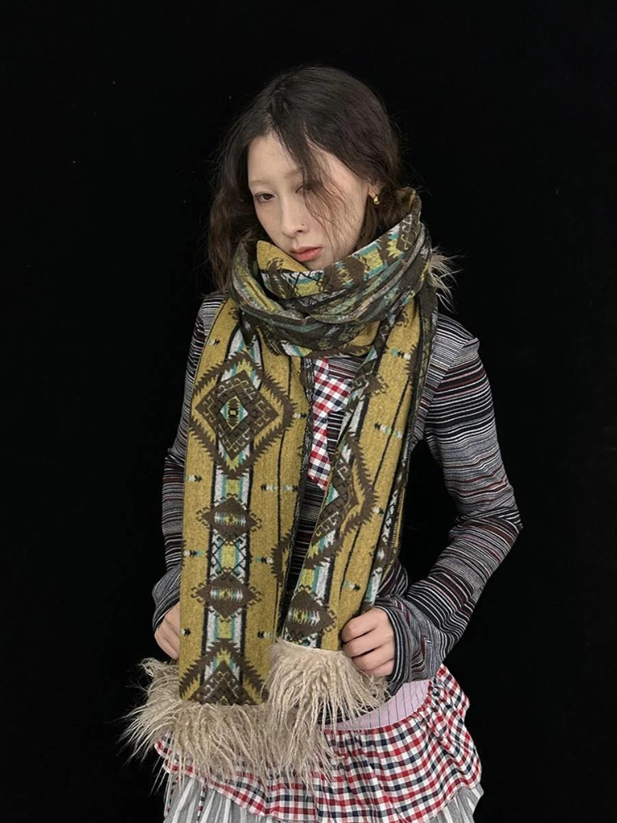 Winter Boho Fringe Plaid Scarf For Women Cozy Long Pashmina Wrap