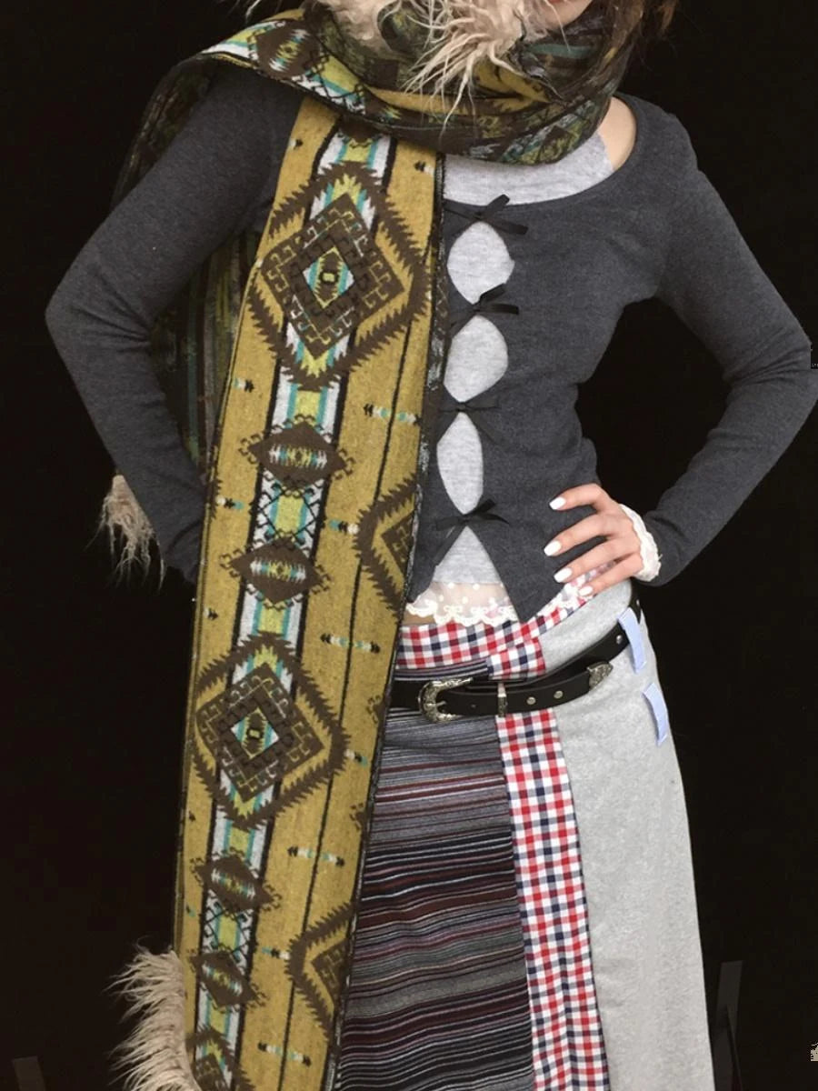 Winter Boho Fringe Plaid Scarf For Women Cozy Long Pashmina Wrap