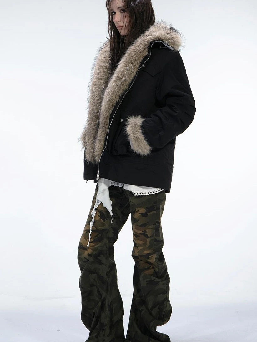 Winter Faux Fur Lined Hooded Parka Coat With Thick Fur Trim
