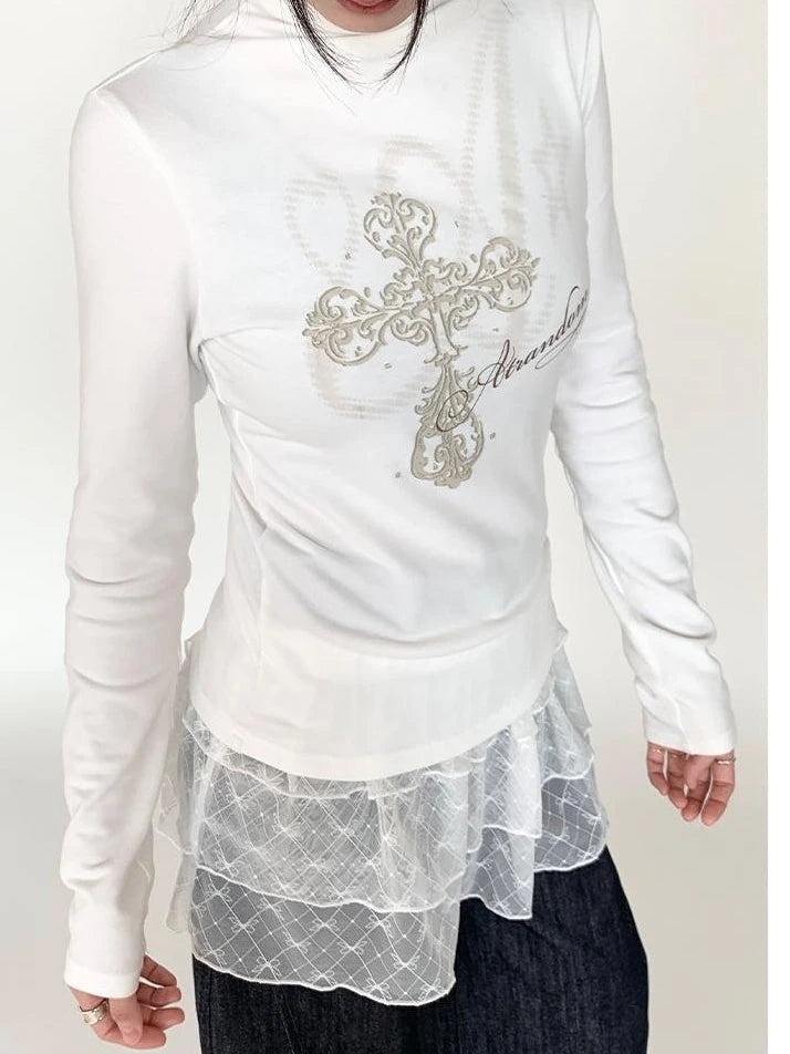 Winter First Snow Print Slim High Neck Long Sleeve T-Shirt