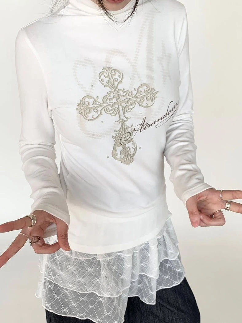 Winter First Snow Print Slim High Neck Long Sleeve T-Shirt