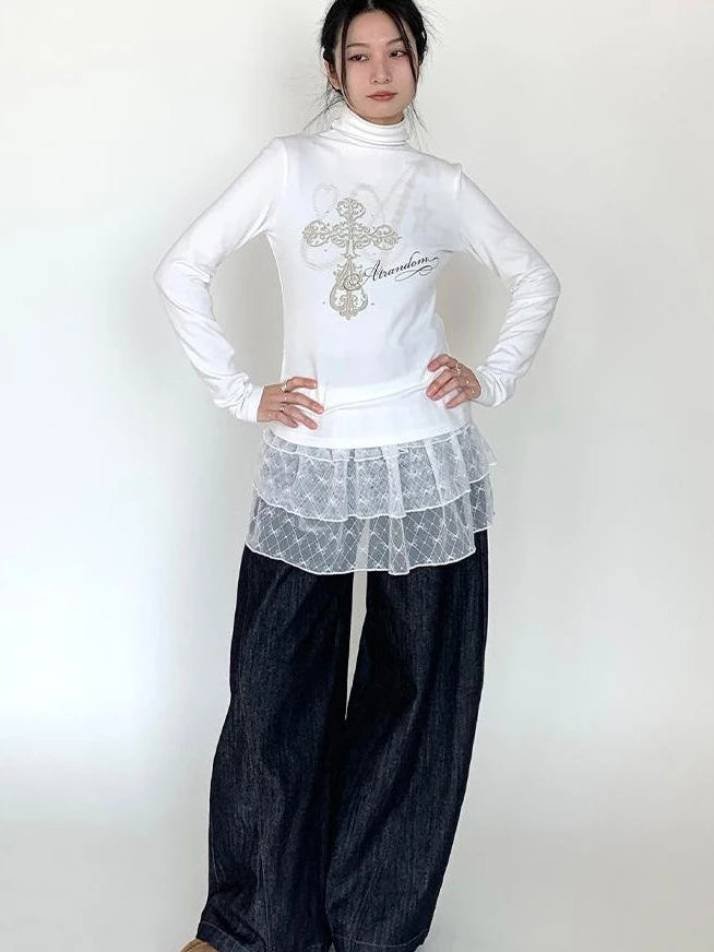 Winter First Snow Print Slim High Neck Long Sleeve T-Shirt