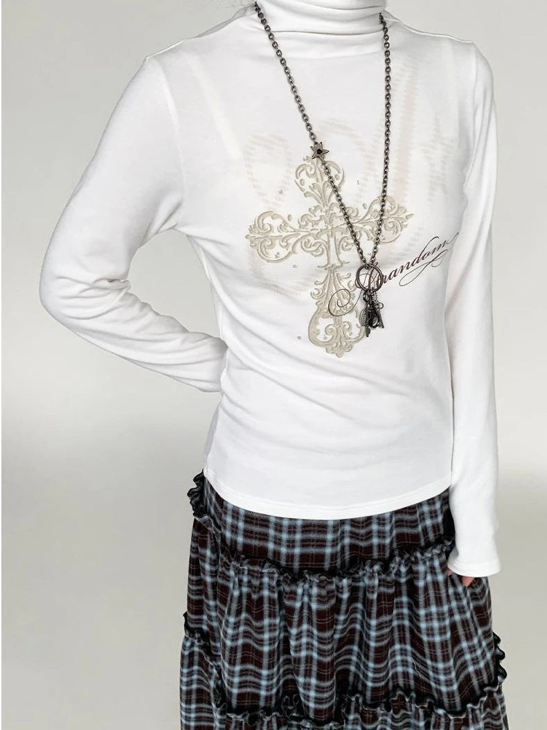 Winter First Snow Print Slim High Neck Long Sleeve T-Shirt