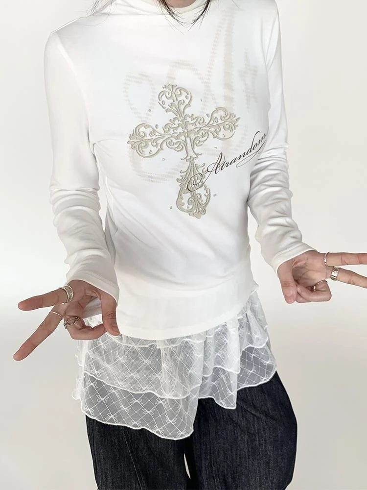 Winter First Snow Print Slim High Neck Long Sleeve T-Shirt