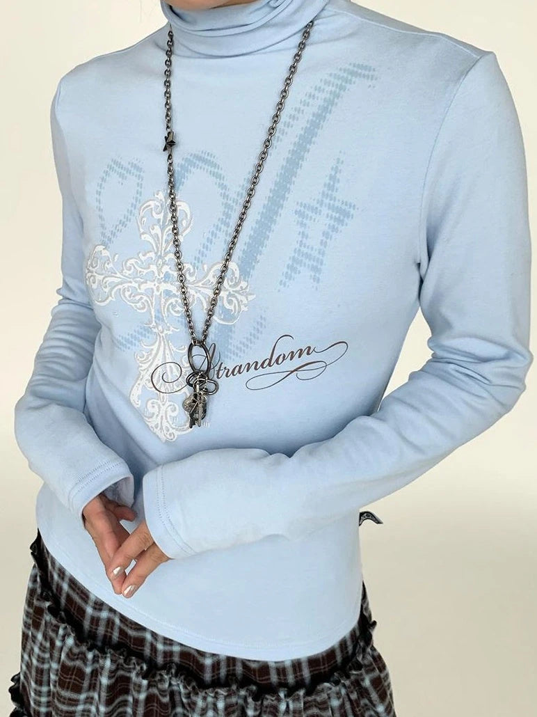 Winter First Snow Print Slim High Neck Long Sleeve T-Shirt