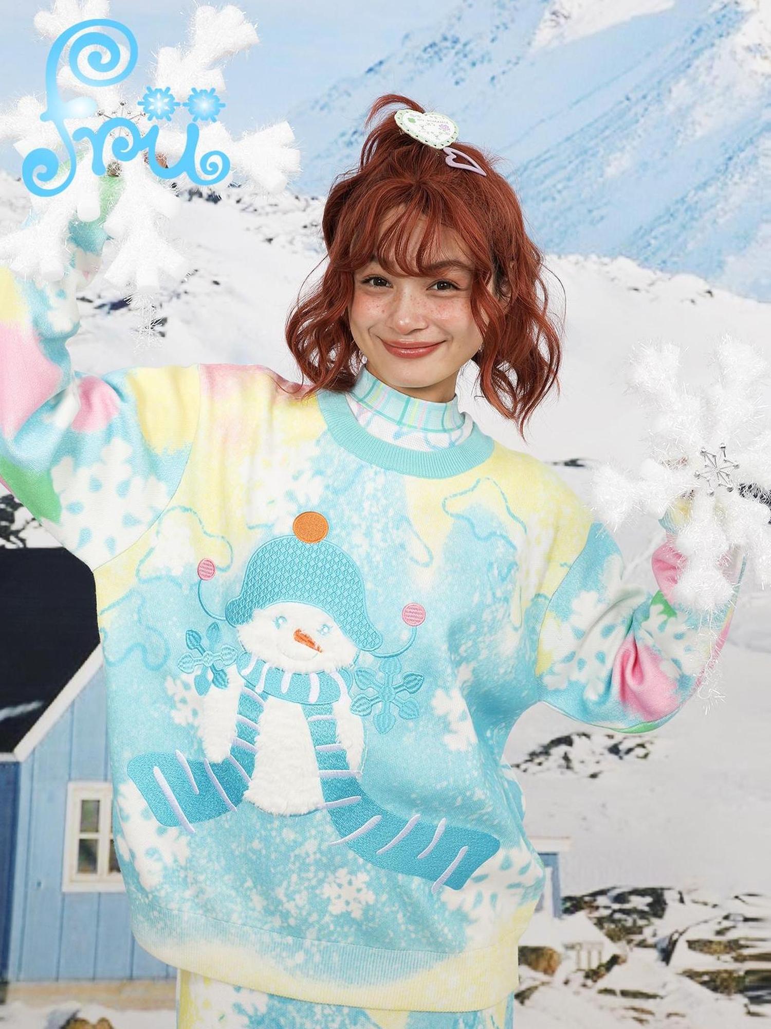 Frufru Gulu Winter Snowman Blue Knit Sweater Loose Fit Cute Original