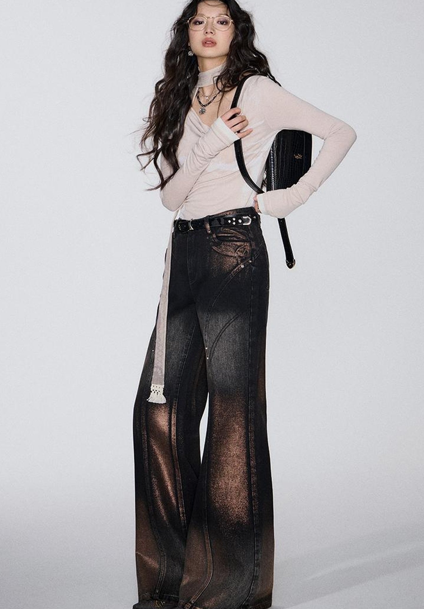 OfAkiva Winter Wide Leg Jeans Women Split Design Pants