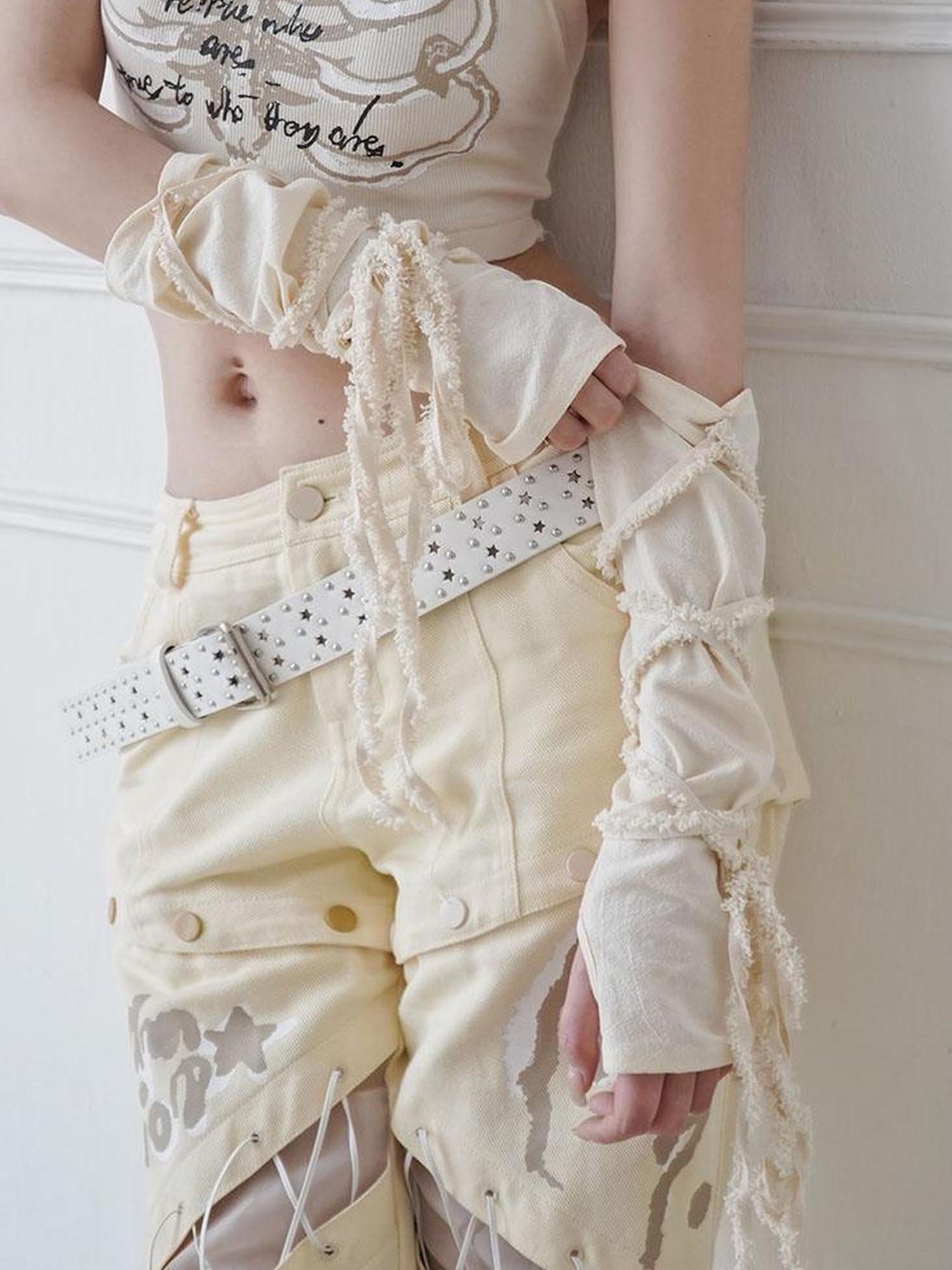 WSW WUSHENWU Wireless Possibilities Tie Detail Beige Multi Style Sleeve Accent