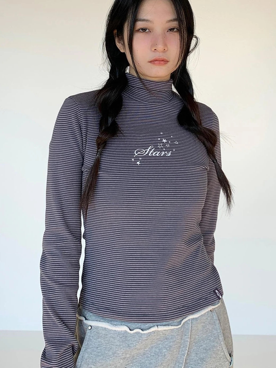 Women S Striped High Neck Long Sleeve T-Shirt