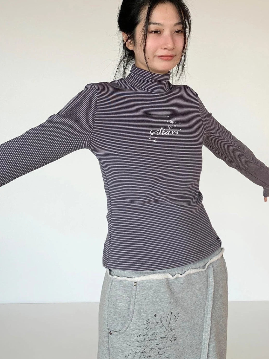 Women S Striped High Neck Long Sleeve T-Shirt