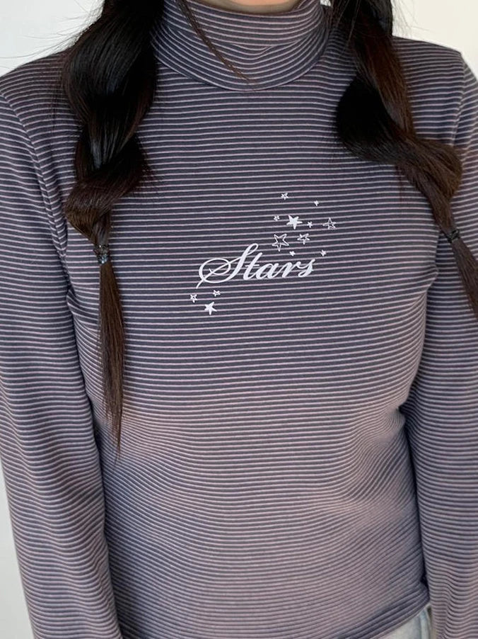Women S Striped High Neck Long Sleeve T-Shirt