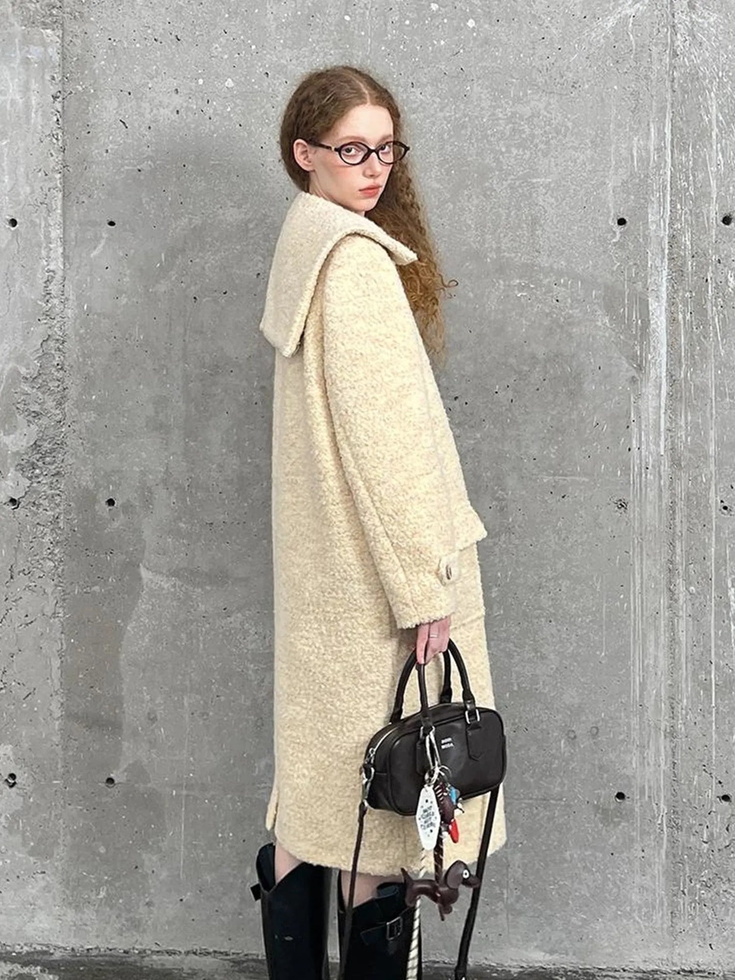 Woolen Cream Oversized Lapel Coat
