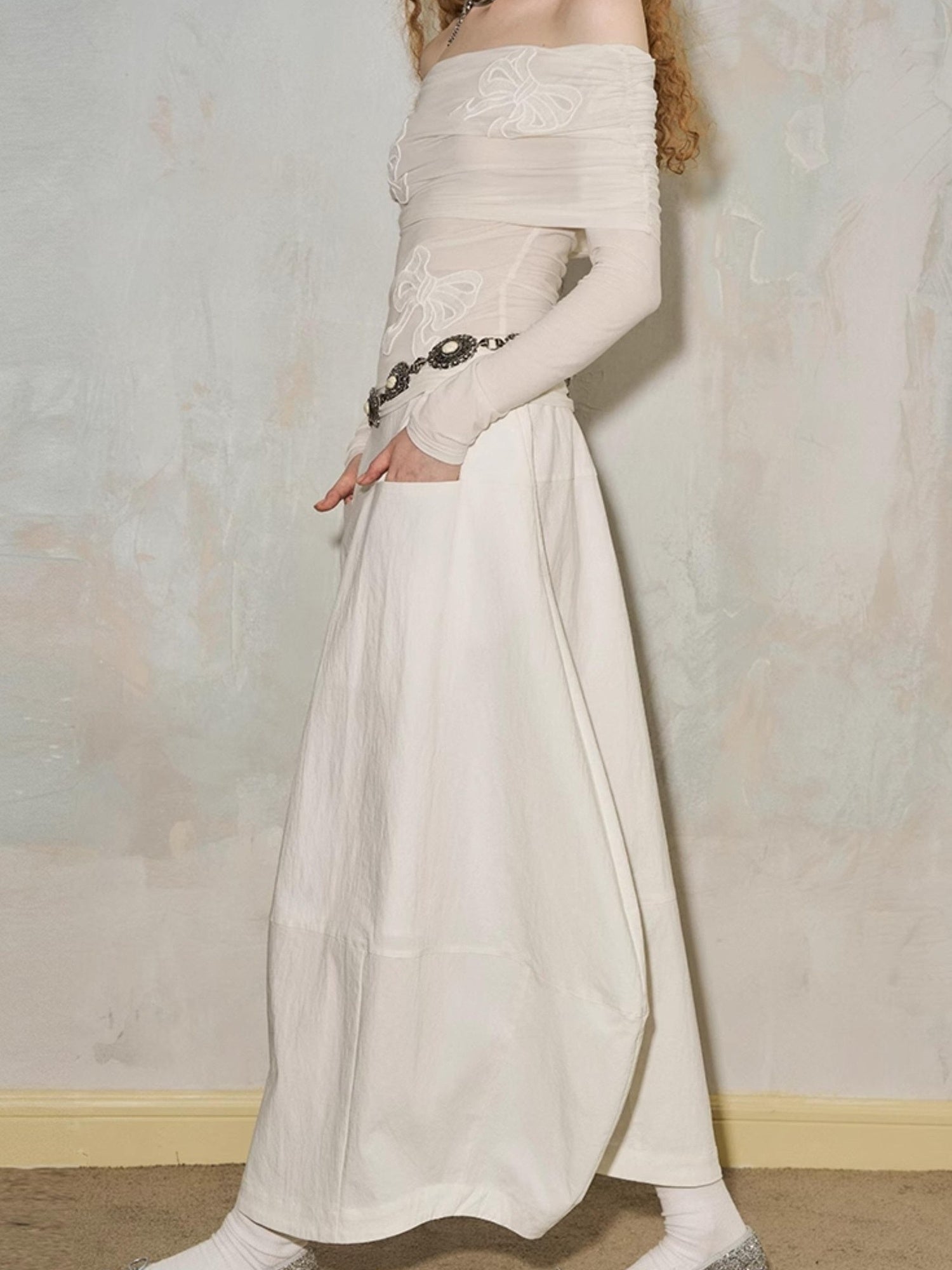 DIDDI MODA Wrinkle Textured Lantern Midi Skirt