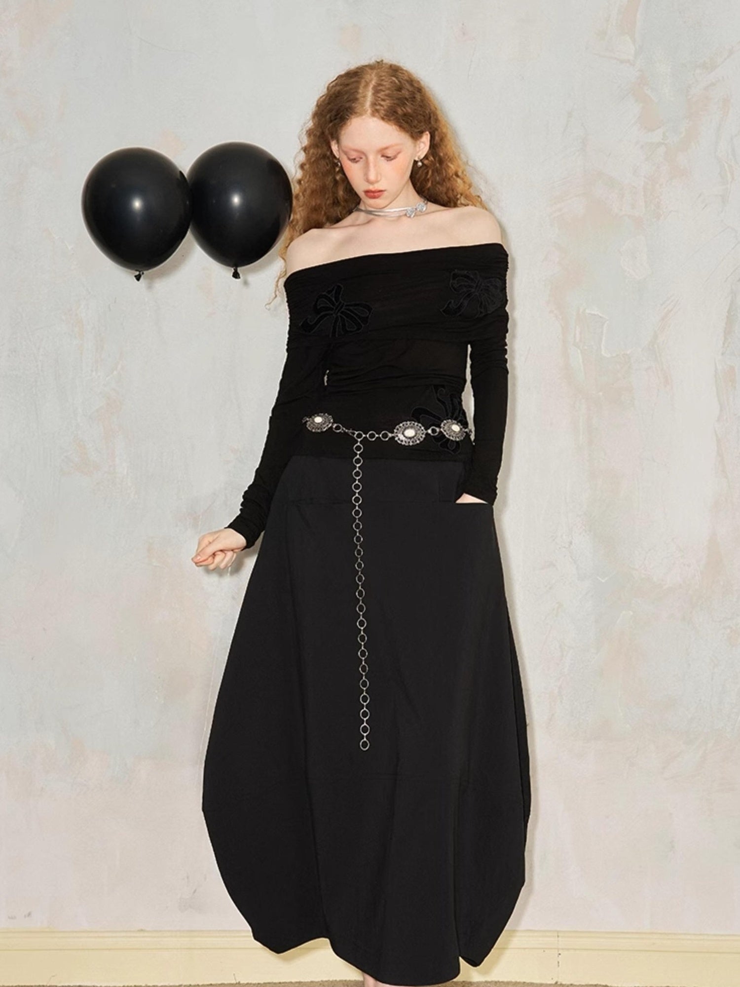 DIDDI MODA Wrinkle Textured Lantern Midi Skirt