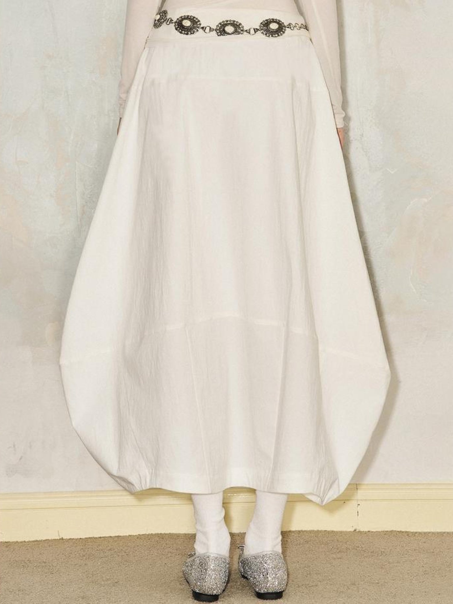 DIDDI MODA Wrinkle Textured Lantern Midi Skirt