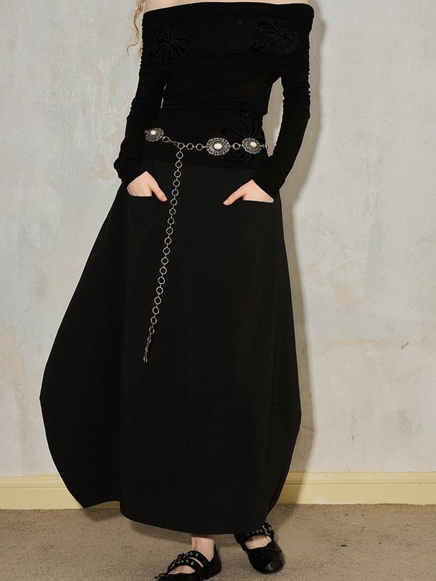 DIDDI MODA Wrinkle Textured Lantern Midi Skirt