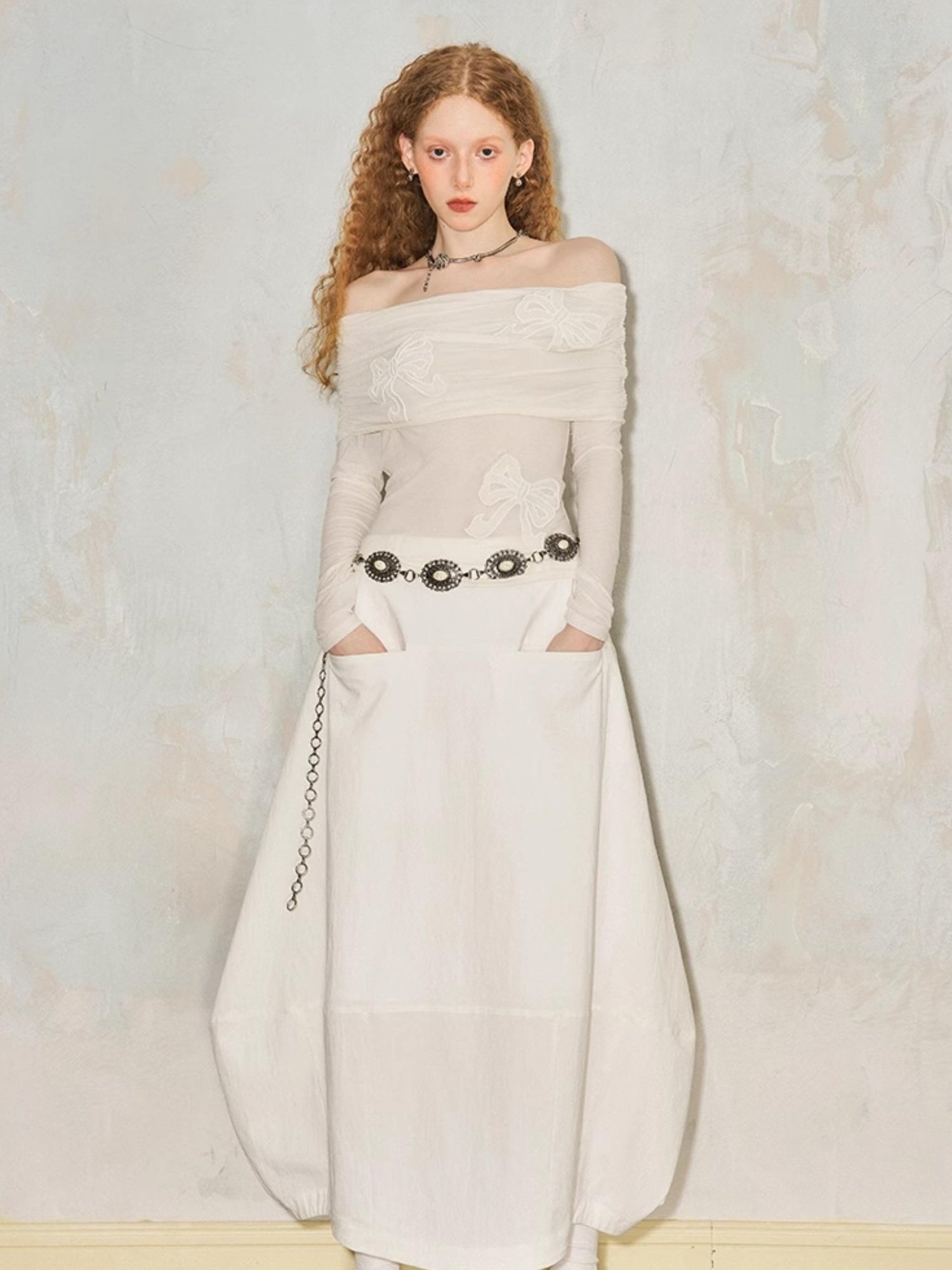 DIDDI MODA Wrinkle Textured Lantern Midi Skirt