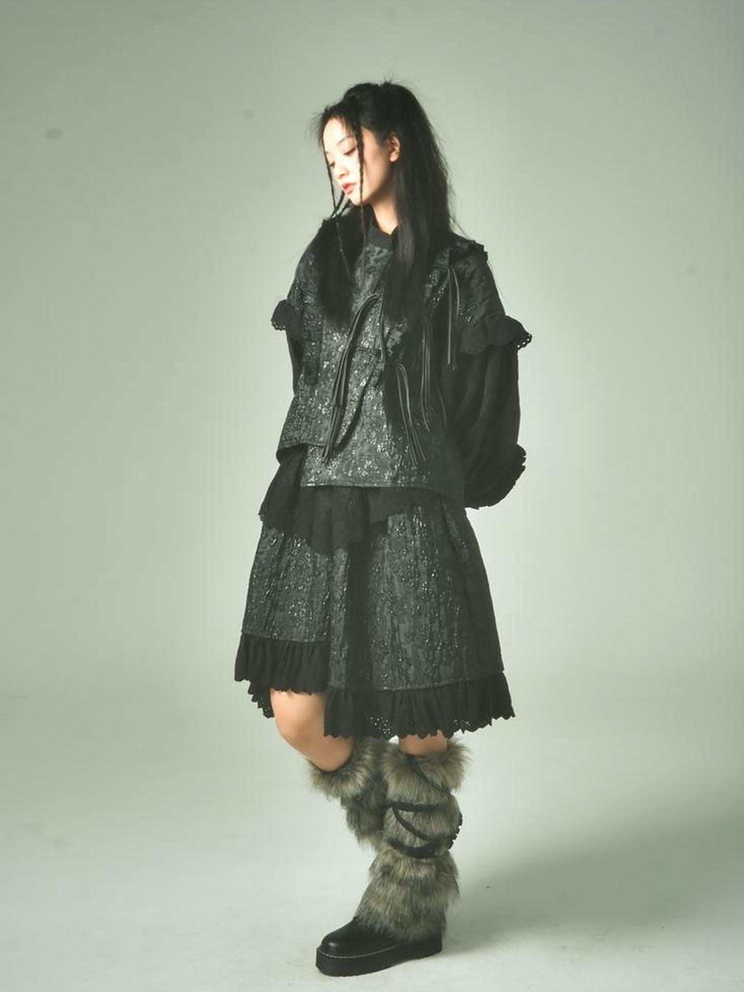 Sweet Mi Xuanqing Brocade Lace Y2k Skirt Suit With Shirring Retro Details