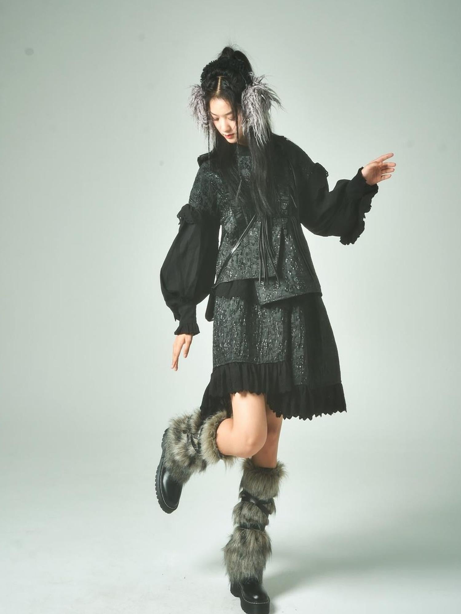 Sweet Mi Xuanqing Brocade Lace Y2k Skirt Suit With Shirring Retro Details