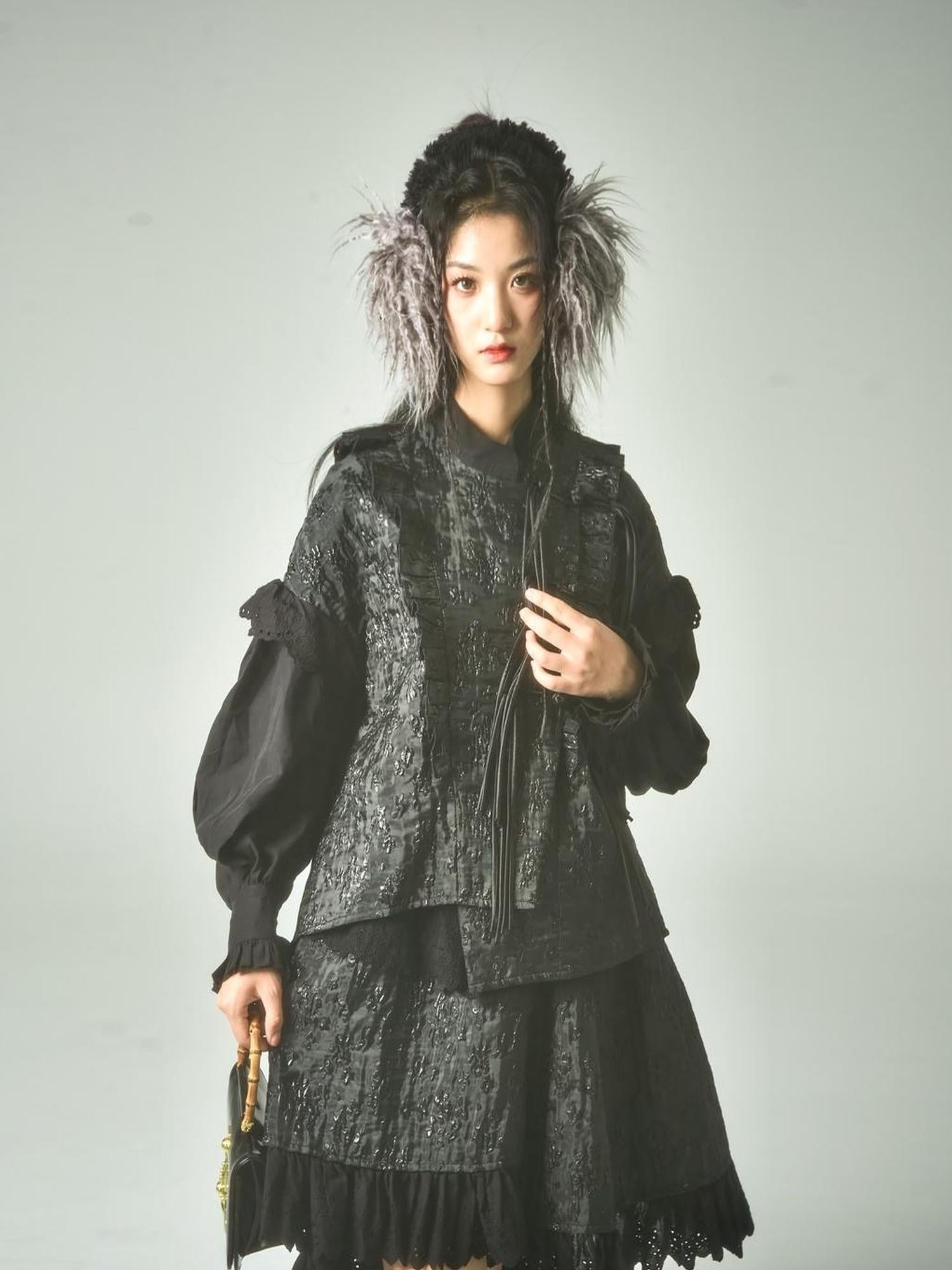 Sweet Mi Xuanqing Brocade Lace Y2k Skirt Suit With Shirring Retro Details