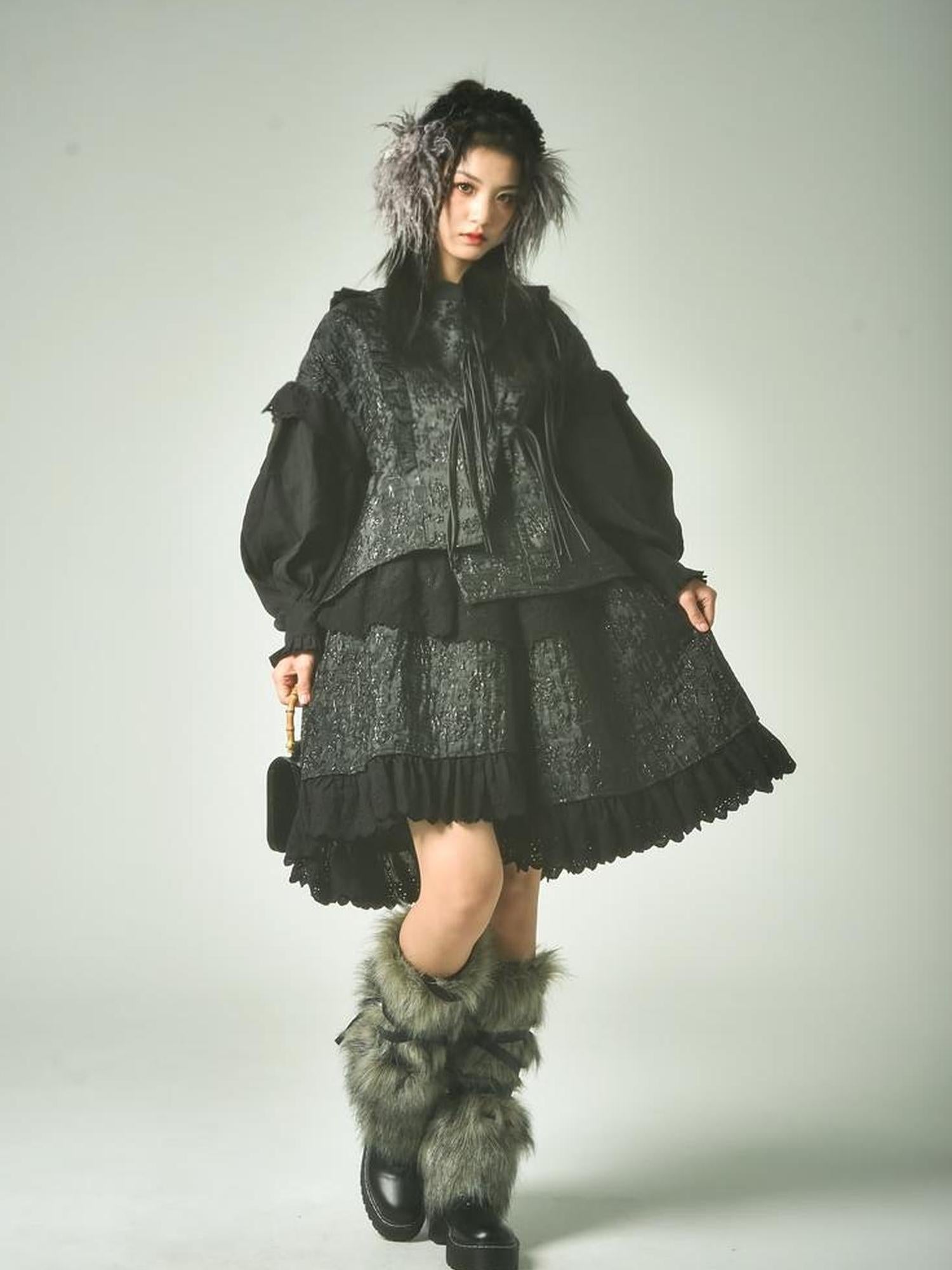 Sweet Mi Xuanqing Brocade Lace Y2k Skirt Suit With Shirring Retro Details