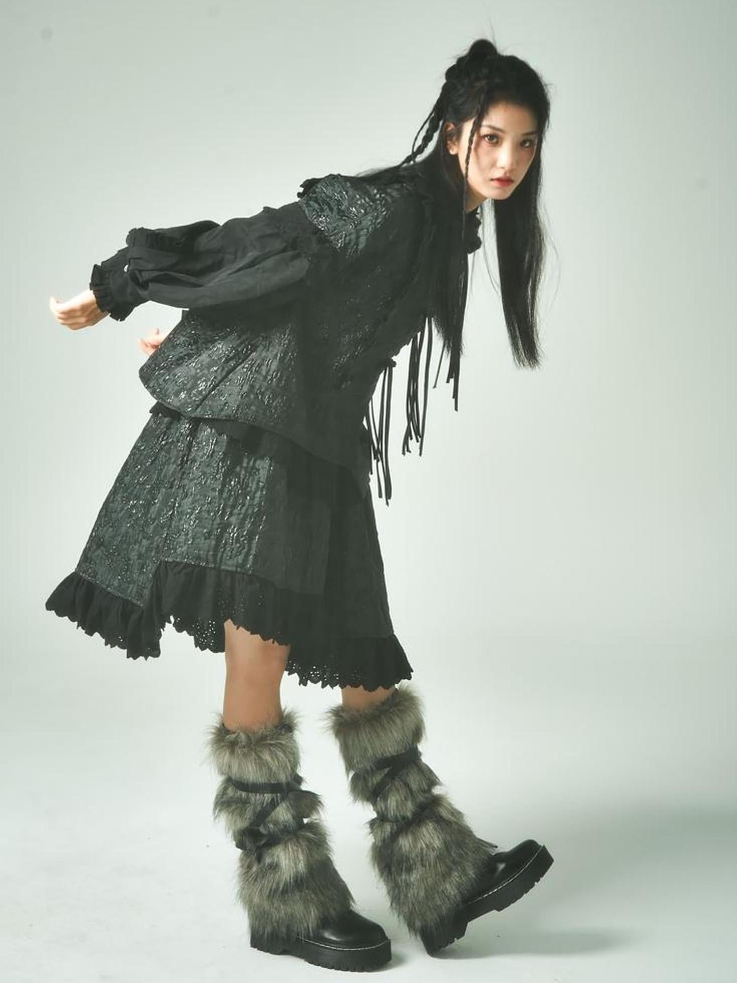 Sweet Mi Xuanqing Brocade Lace Y2k Skirt Suit With Shirring Retro Details