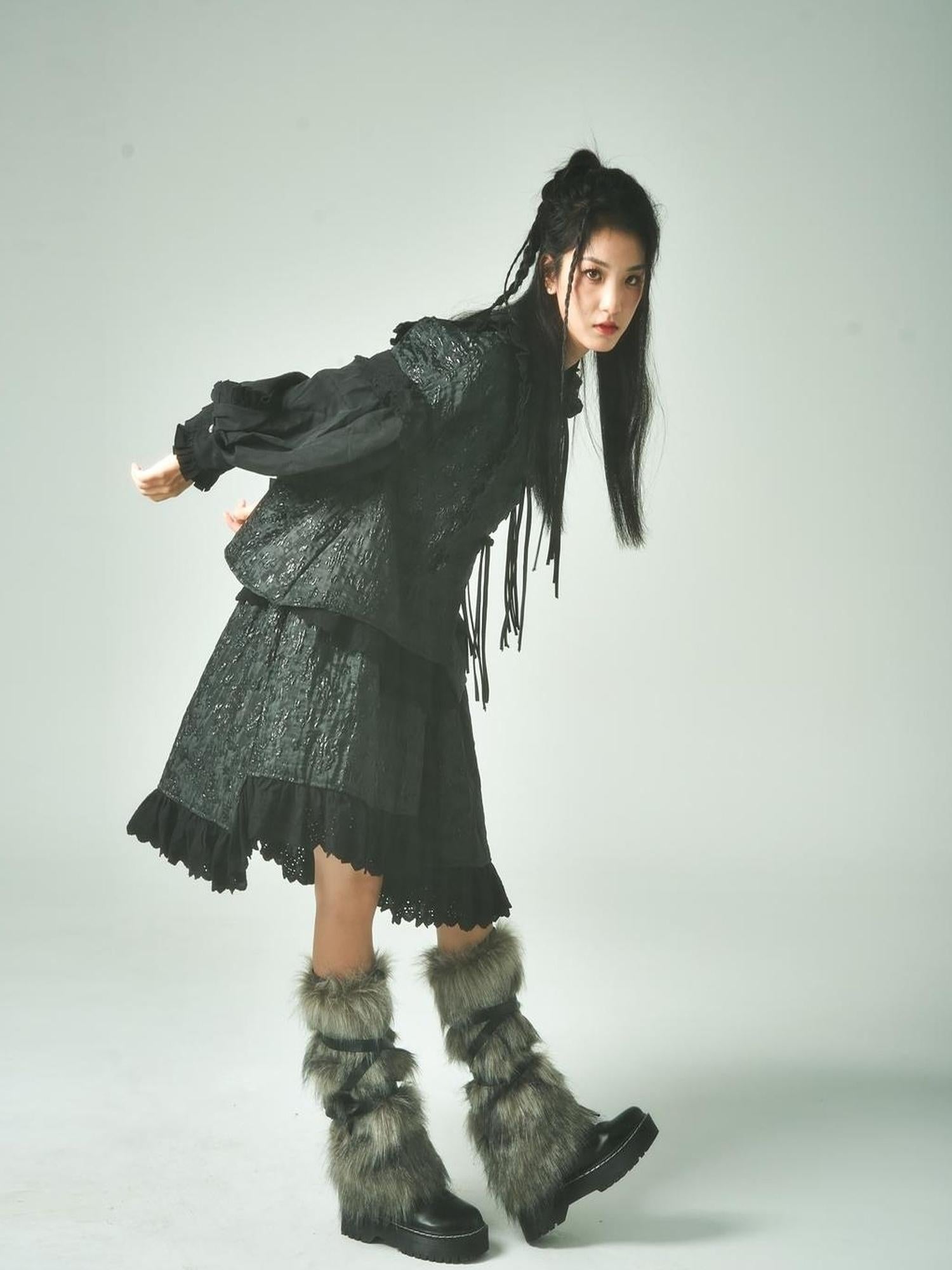 Sweet Mi Xuanqing Brocade Lace Y2k Skirt Suit With Shirring Retro Details