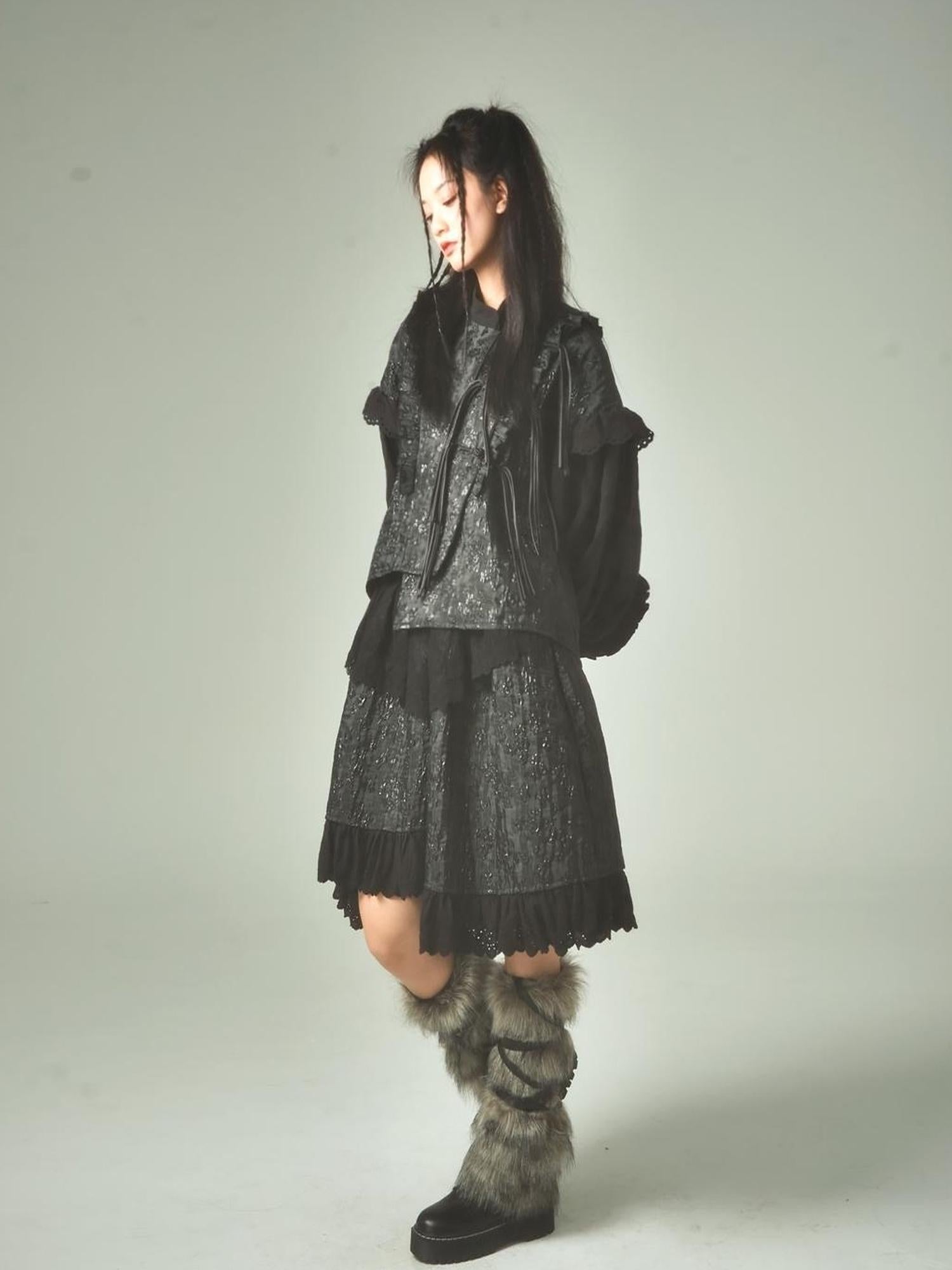 Sweet Mi Xuanqing Brocade Lace Y2k Skirt Suit With Shirring Retro Details