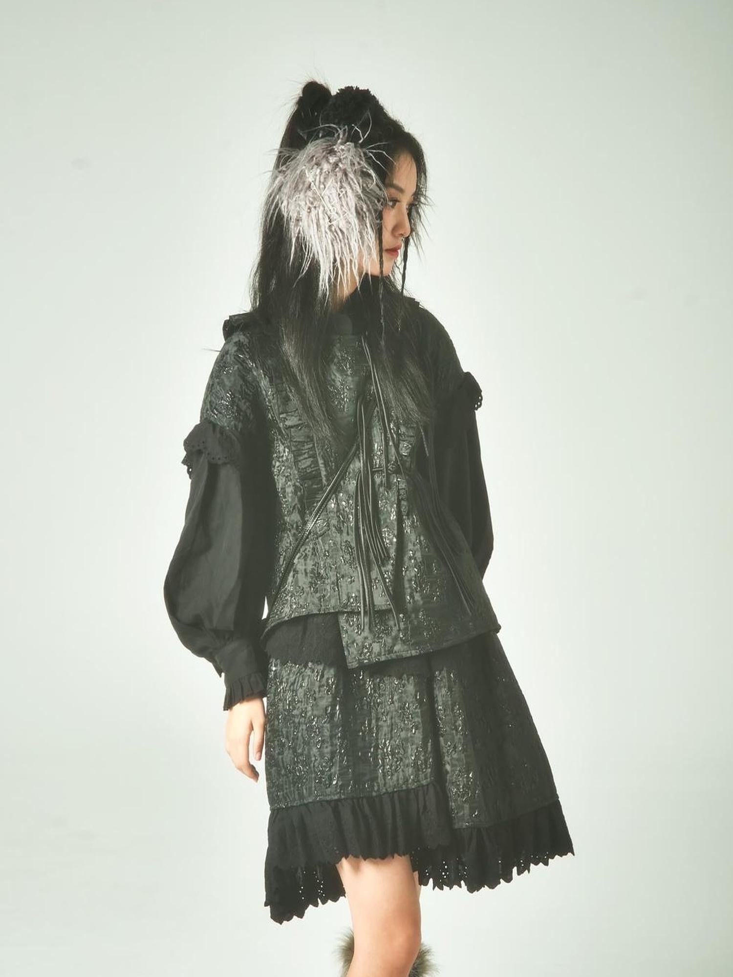 Sweet Mi Xuanqing Brocade Lace Y2k Skirt Suit With Shirring Retro Details