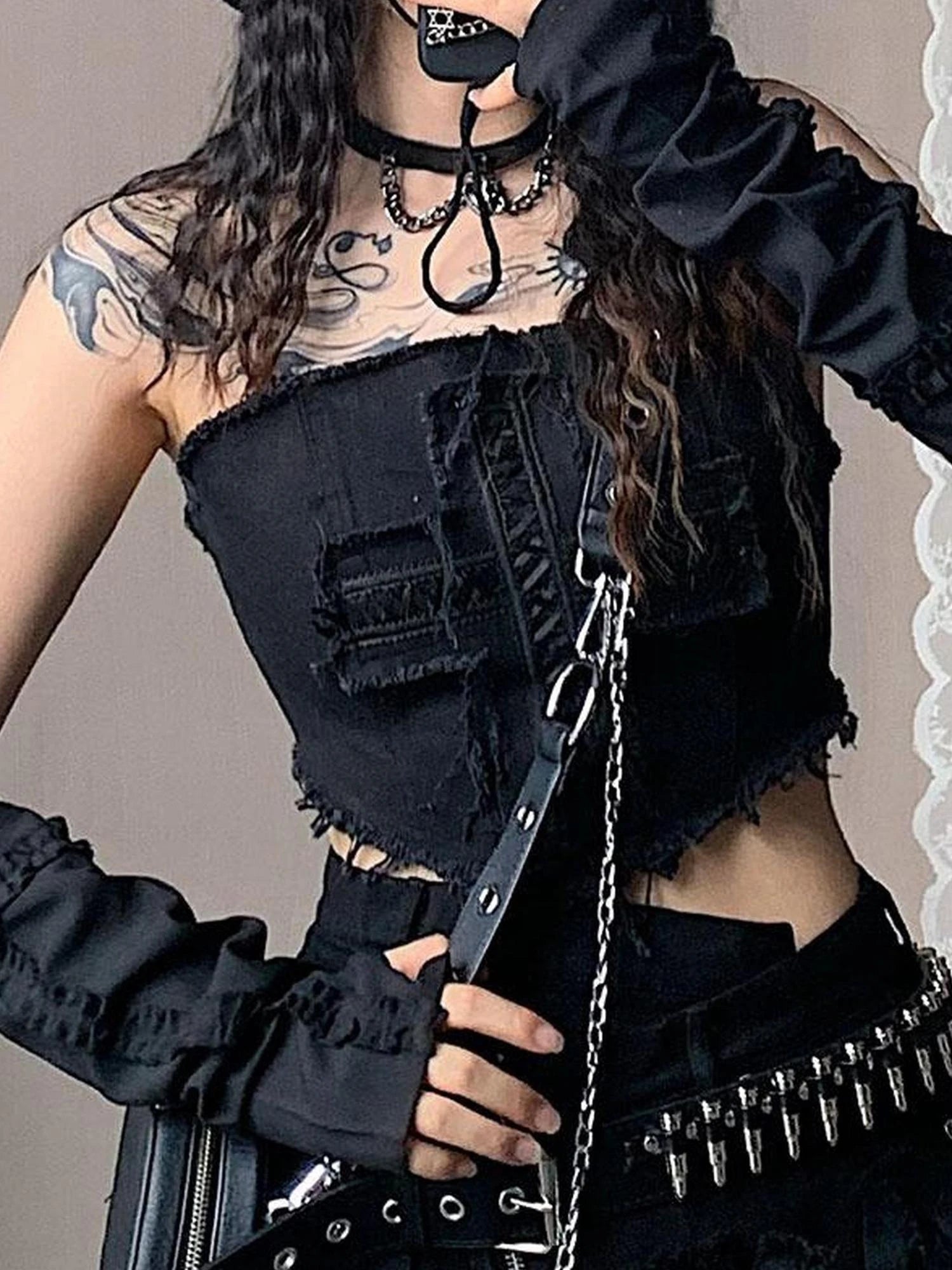 Y2K Angel Sleeve Cross Lace Pure White Top With Detachable Belt